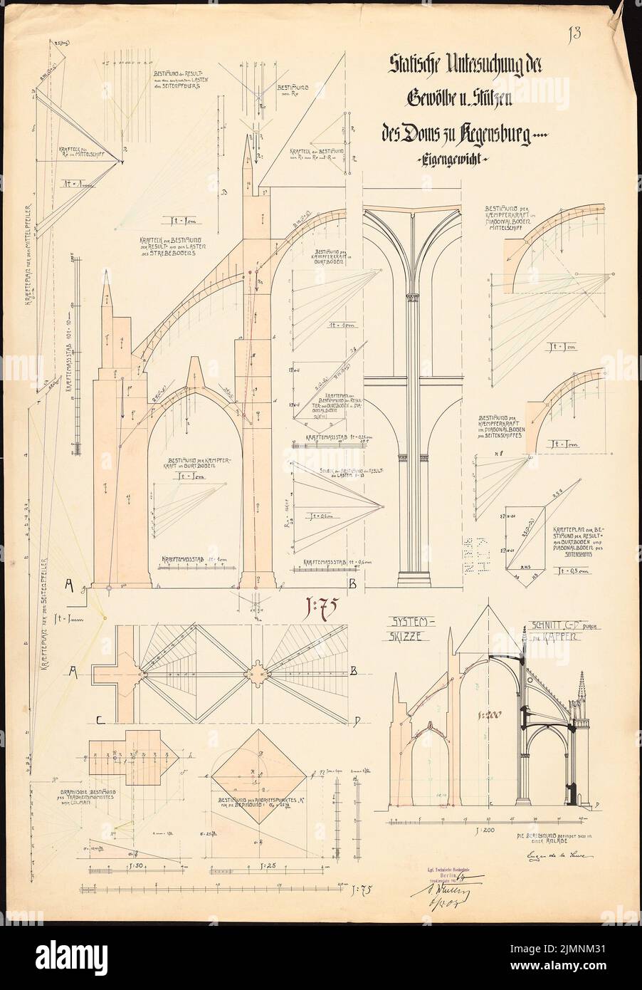 Sauce Eugen de la, statistical examination of the vaults and supports of the cathedral in Regensburg (06.08.1907): cuts, detailed drawings, geometric constructions. Ink, ink colored watercolor on the box, 99.8 x 69.3 cm (including scan edges) Sauce Eugen de la : Statistische Untersuchung der Gewölbe und Stützen des Doms, Regensburg Stock Photo