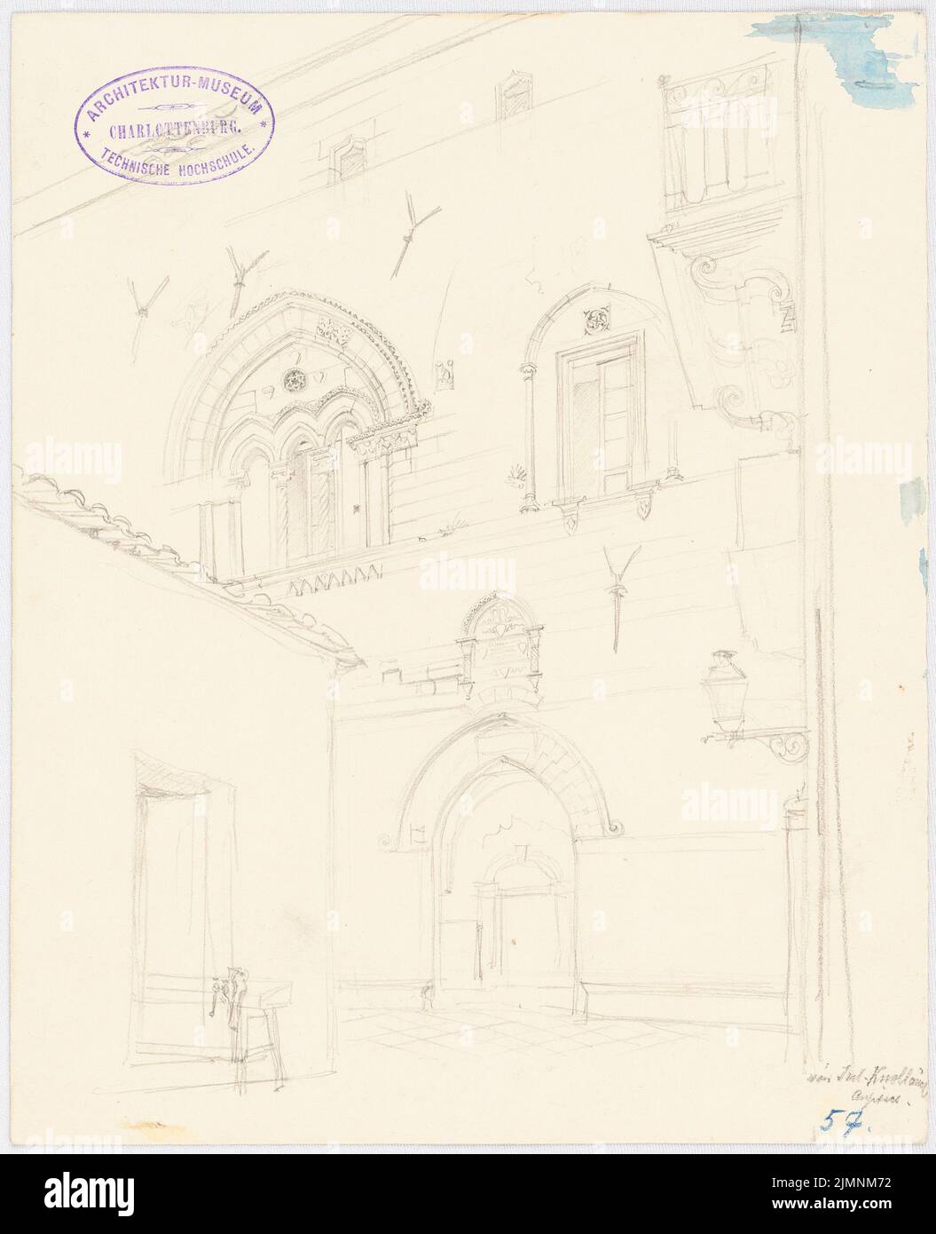 Knoblauch Julius, Tuscany travel sketches (1882-1883): Medieval city palace, perspective view. Pencil on cardboard, 25.9 x 21.1 cm (including scan edges) Knoblauch Julius : Reiseskizzen Toskana Stock Photo