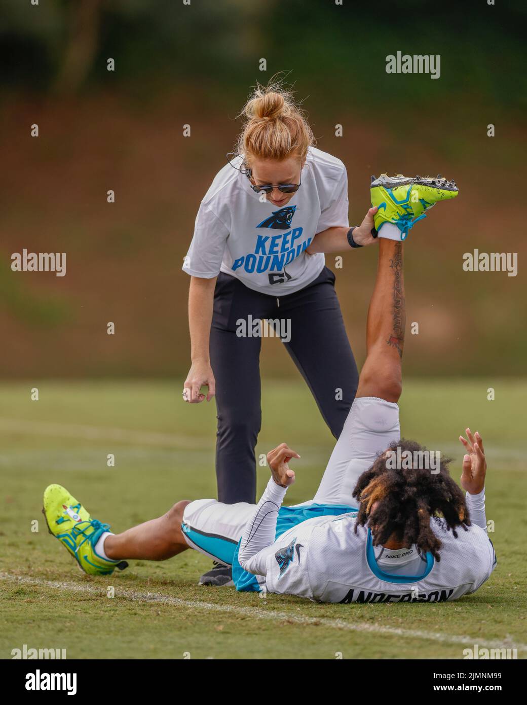 Spartanburg, SC USA; Wide receiver Robbie Anderson (3) stretches during Carolina Panthers Training Camp, Saturday, August 5, 2022, at Wofford College. Stock Photo