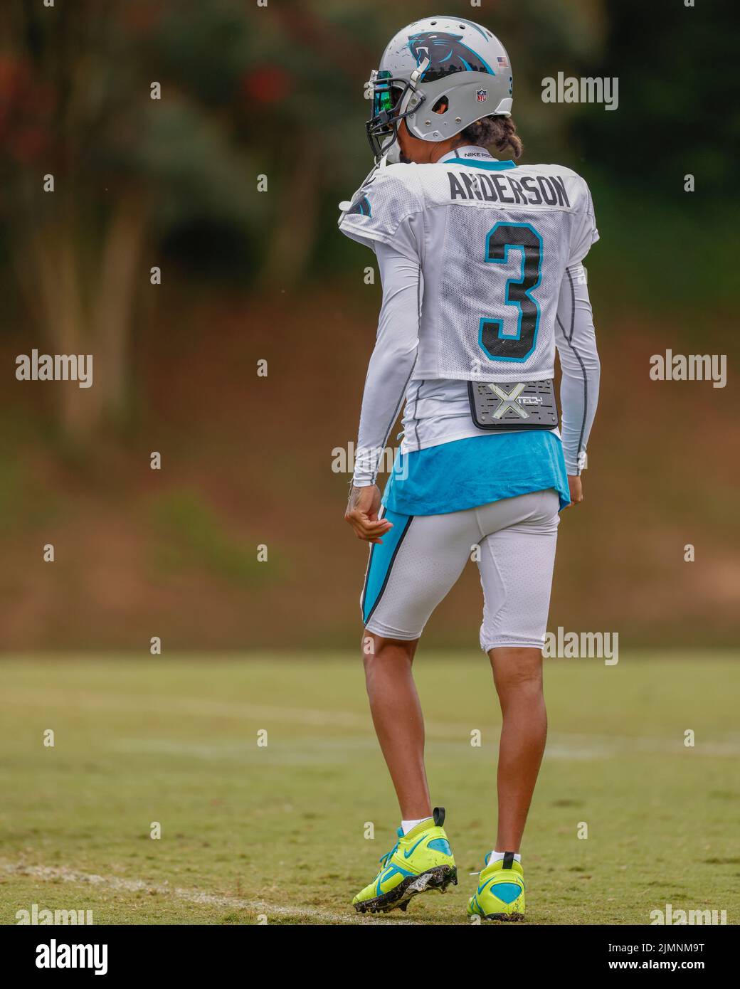 Spartanburg, SC USA; Wide receiver Robbie Anderson (3) prepares for the start of practice during Carolina Panthers Training Camp, Saturday, August 5, Stock Photo