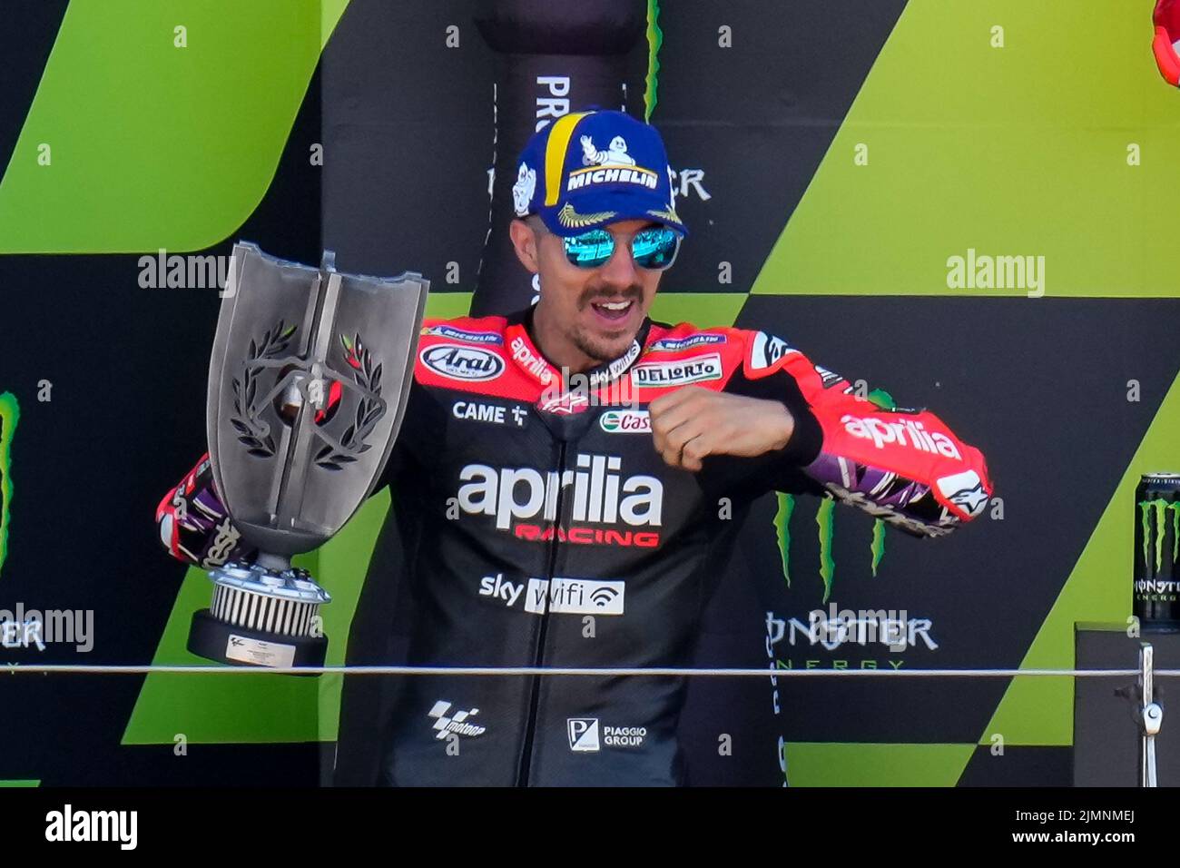 Towcester, UK. 07th Aug, 2022. Maverick VINALES (Spain) of the Aprilia Racing Team celebrates on the podium after finishing second in the 2022 Monster Energy Grand Prix Race at Silverstone Circuit, Towcester, England on the 7th August 2022. Photo by David Horn. Credit: PRiME Media Images/Alamy Live News Stock Photo