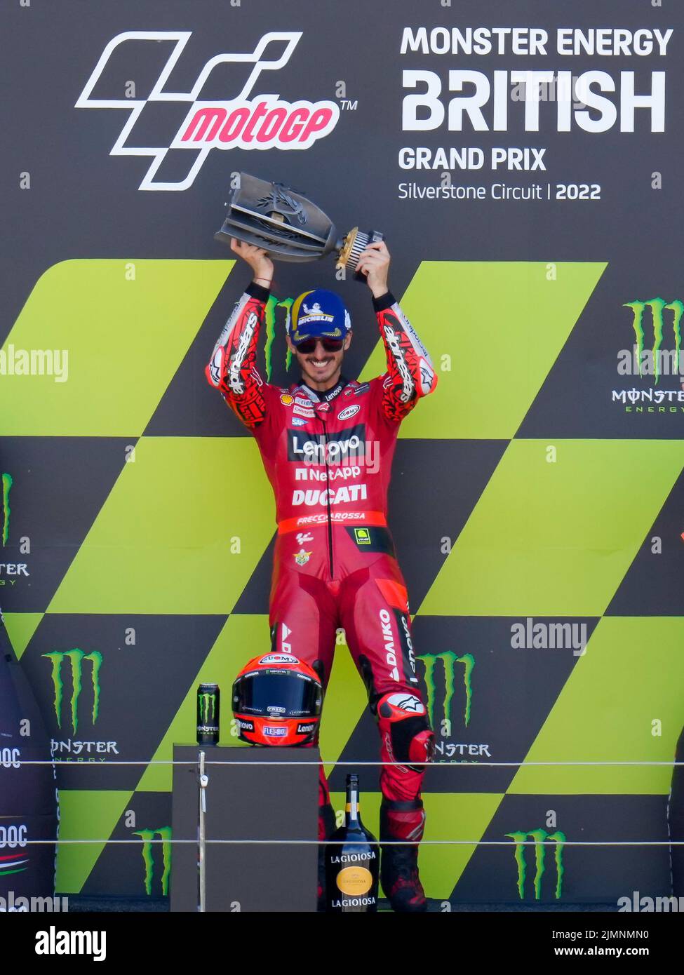 Towcester, UK. 07th Aug, 2022. Francesco BAGNAIA (Italy) of the Ducati Lenova Team celebrates on the podium after winning the 2022 Monster Energy Grand Prix Race at Silverstone Circuit, Towcester, England on the 7th August 2022. Photo by David Horn. Credit: PRiME Media Images/Alamy Live News Stock Photo