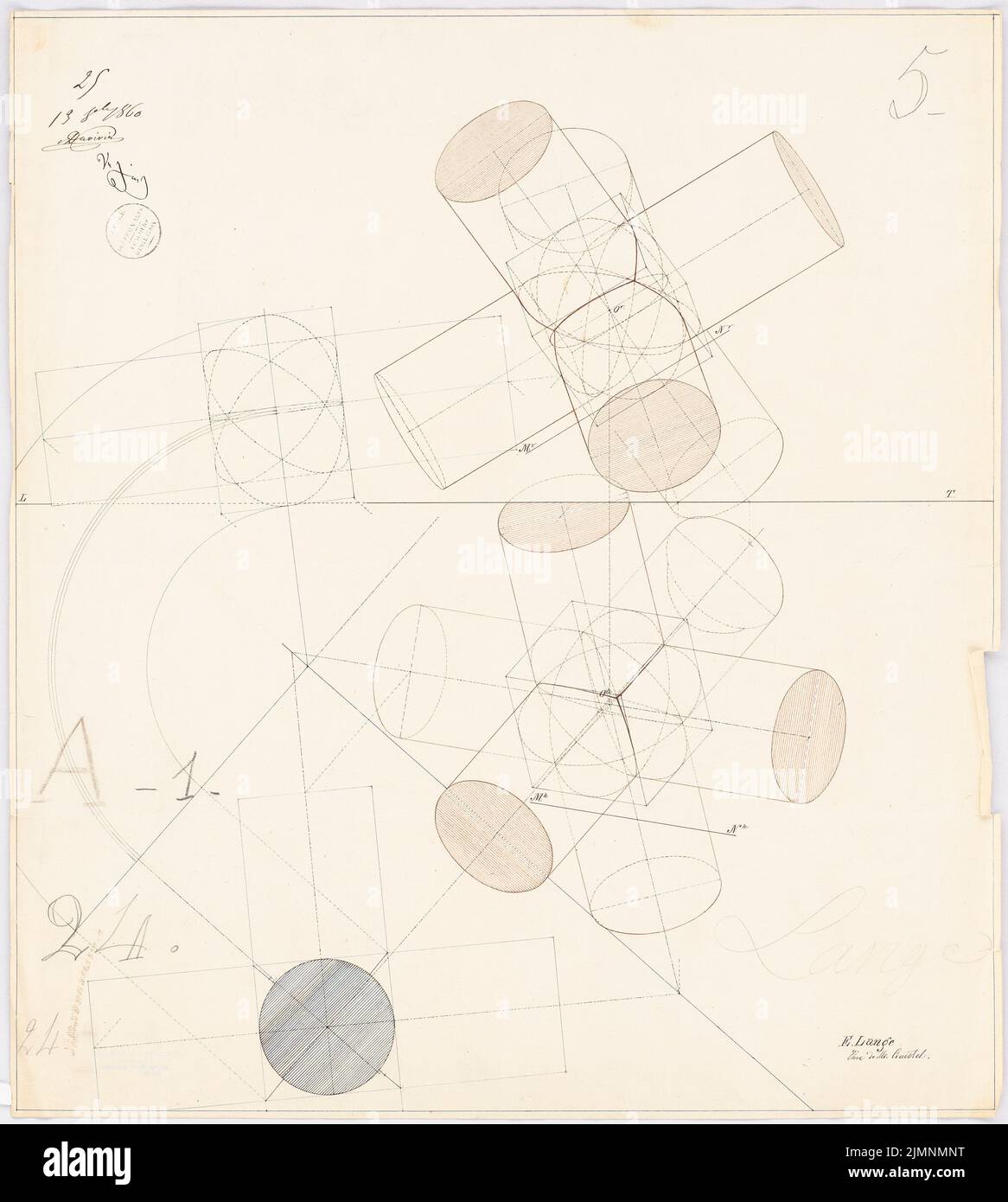 Lange Emil (1841-1926), geometric exercise (July 19, 1860): View. Ink, pencil, ink colored, 66.4 x 59.6 cm (including scan edges) Lange Emil  (1841-1926): Geometrische Übung Stock Photo