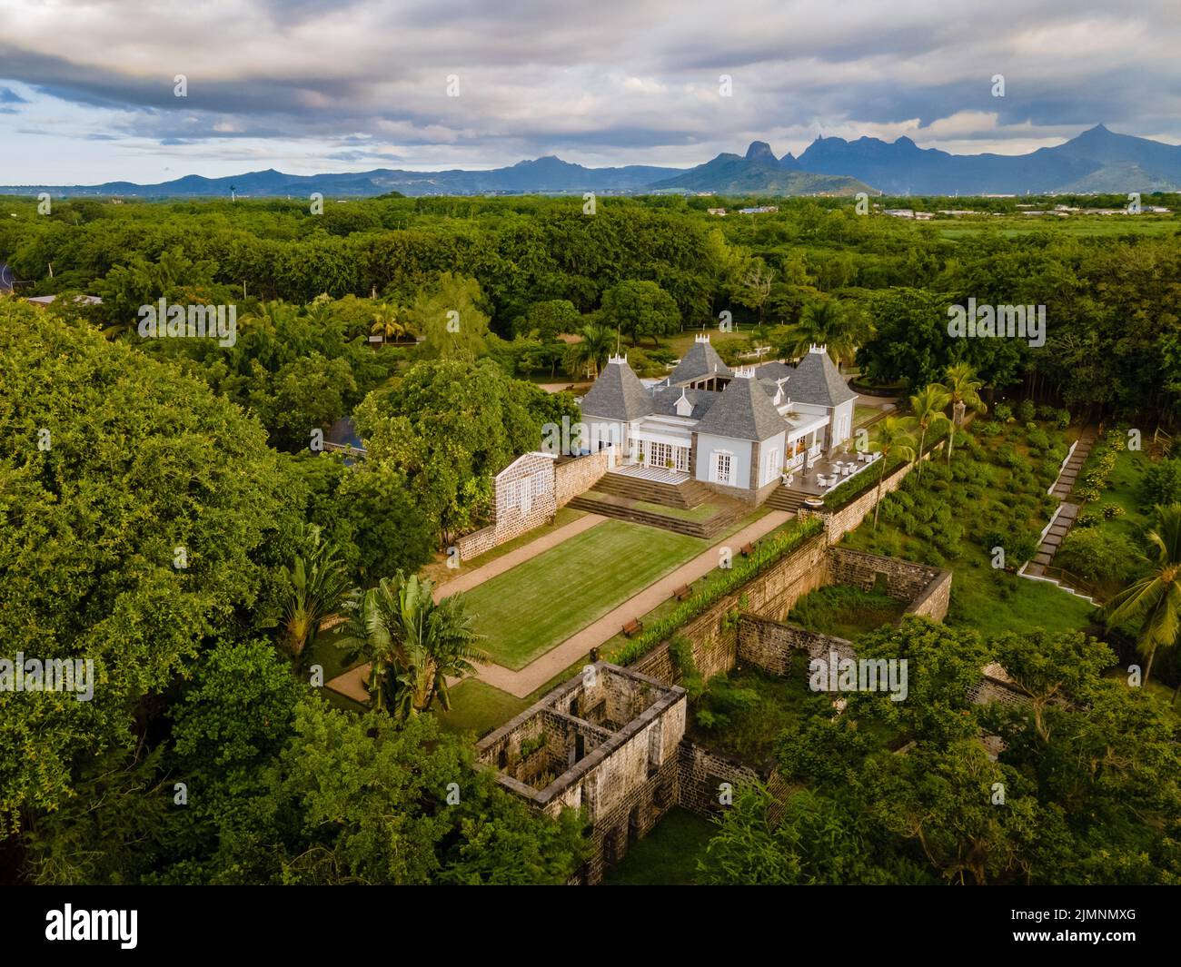 Mauritius April 2022, Chateau Mon Desir Mauritius from above with drone Stock Photo