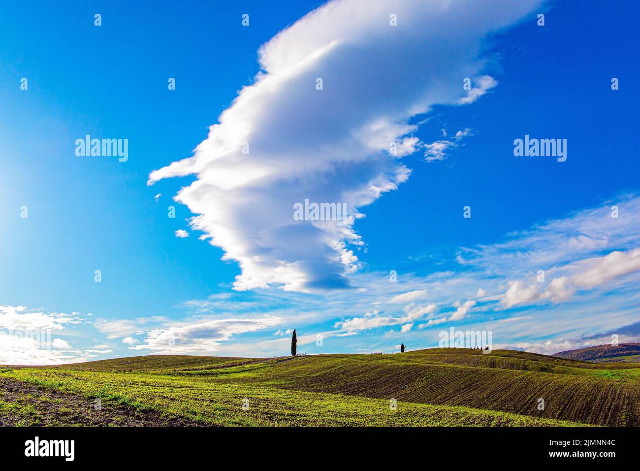 Bizarre cumulus clouds lit by the sunset Stock Photo