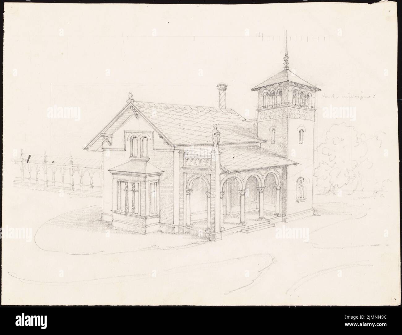 Lüdecke Carl Johann Bogislaw (1826-1894), houses with arbor, tower and pergola (without a year): perspective view. Pencil on cardboard, 29.8 x 39 cm (including scan edges) Lüdecke Carl Johann Bogislaw  (1826-1894): Häuschen mit Laube, Turm und Pergola Stock Photo
