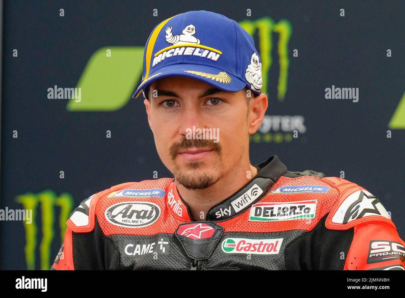 Towcester, UK. 07th Aug, 2022. Maverick VINALES (Spain) of the Aprilia Racing Team in the post race press conference after finishing second in the 2022 Monster Energy Grand Prix Race at Silverstone Circuit, Towcester, England on the 7th August 2022. Photo by David Horn. Credit: PRiME Media Images/Alamy Live News Stock Photo