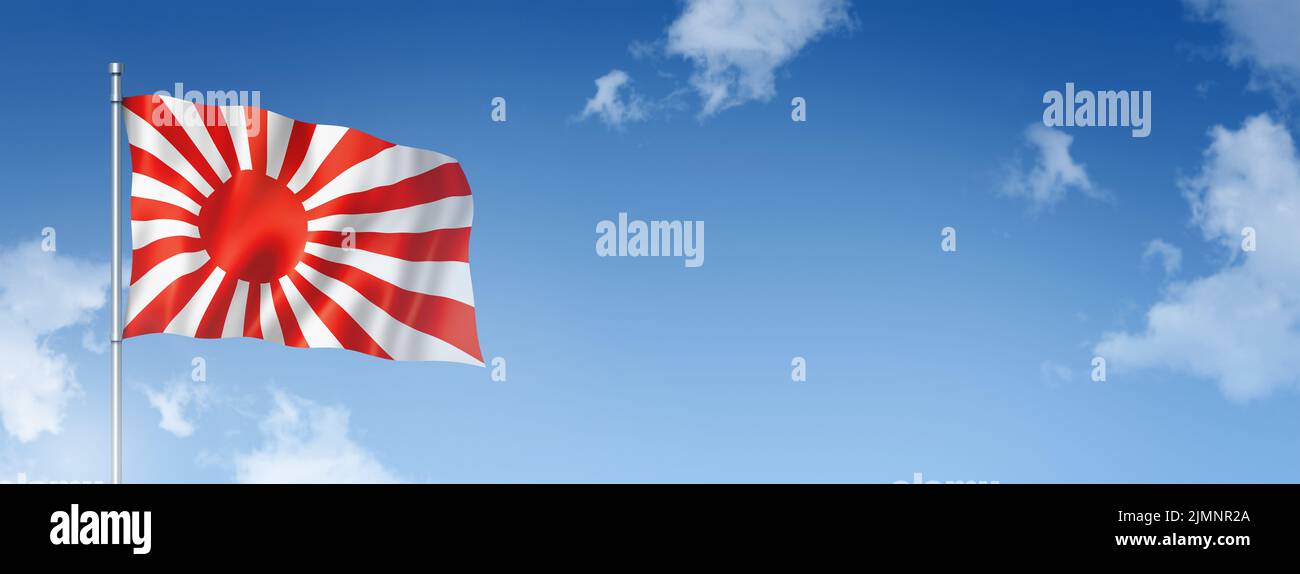 Japanese naval ensign flag isolated on a blue sky. Horizontal banner Stock Photo