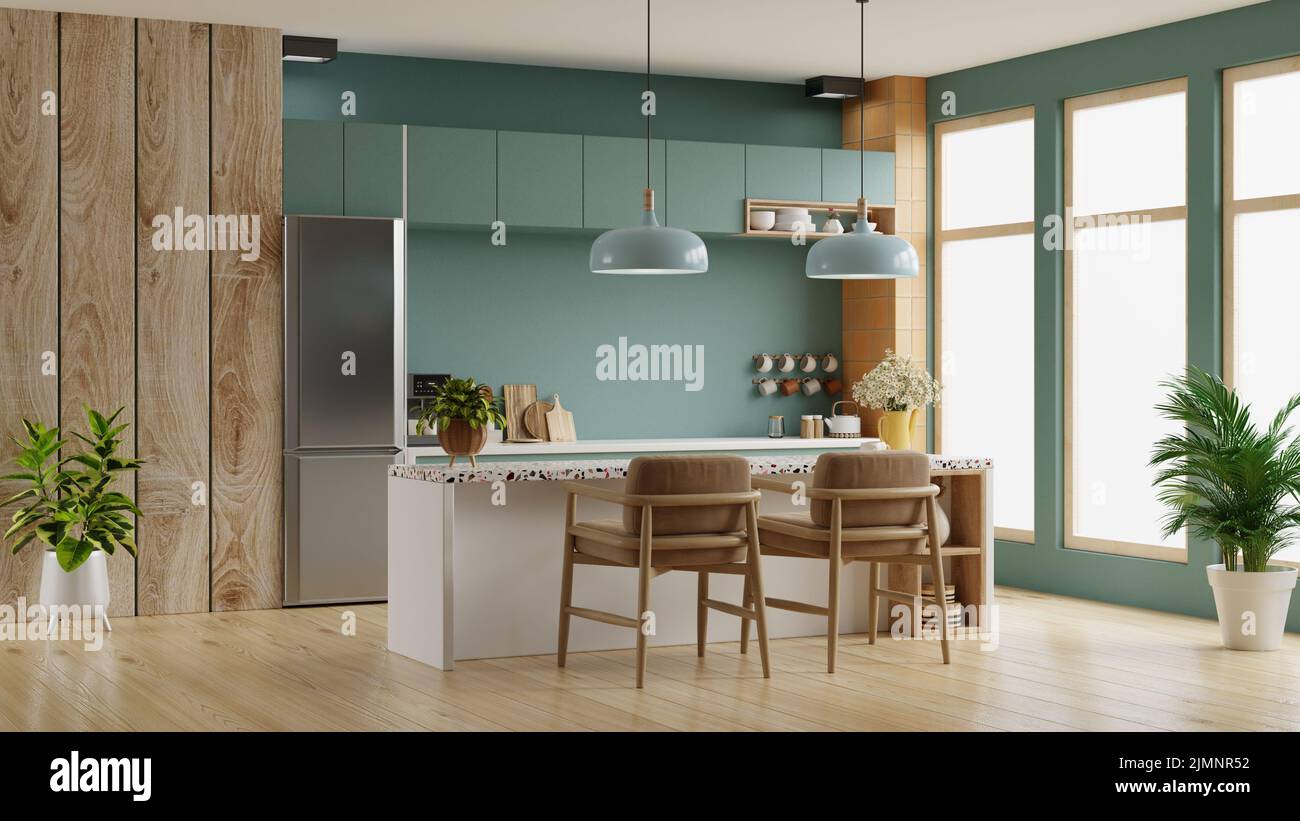 Luxury kitchen room corner design with dark green wall.3D rendering Stock Photo