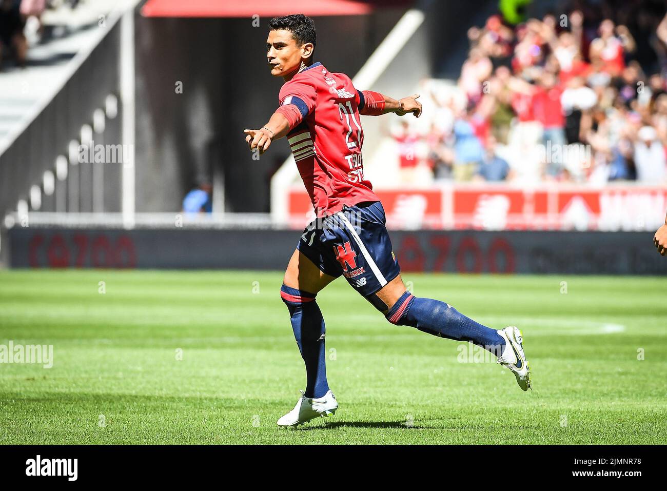 August 7, 2022, Rome, France: Benjamin ANDRE of Lille celebrates his goal during the French championship Ligue 1 football match between LOSC Lille and AJ Auxerre on August 7, 2022 at Pierre Mauroy stadium in Villeneuve-d&#39;Ascq near Lille, France - Photo Matthieu Mirville/DPPI/LiveMedia. (Credit Image: © Matthieu Mirville/LPS via ZUMA Press) Stock Photo