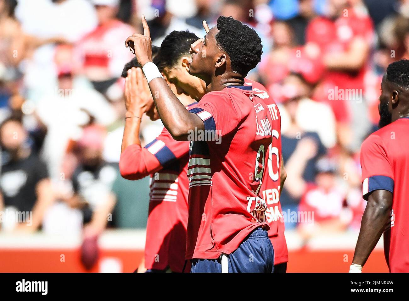 August 7, 2022, Rome, France: Jonathan DAVID of Lille celebrates his goal during the French championship Ligue 1 football match between LOSC Lille and AJ Auxerre on August 7, 2022 at Pierre Mauroy stadium in Villeneuve-d&#39;Ascq near Lille, France - Photo Matthieu Mirville/DPPI/LiveMedia. (Credit Image: © Matthieu Mirville/LPS via ZUMA Press) Stock Photo