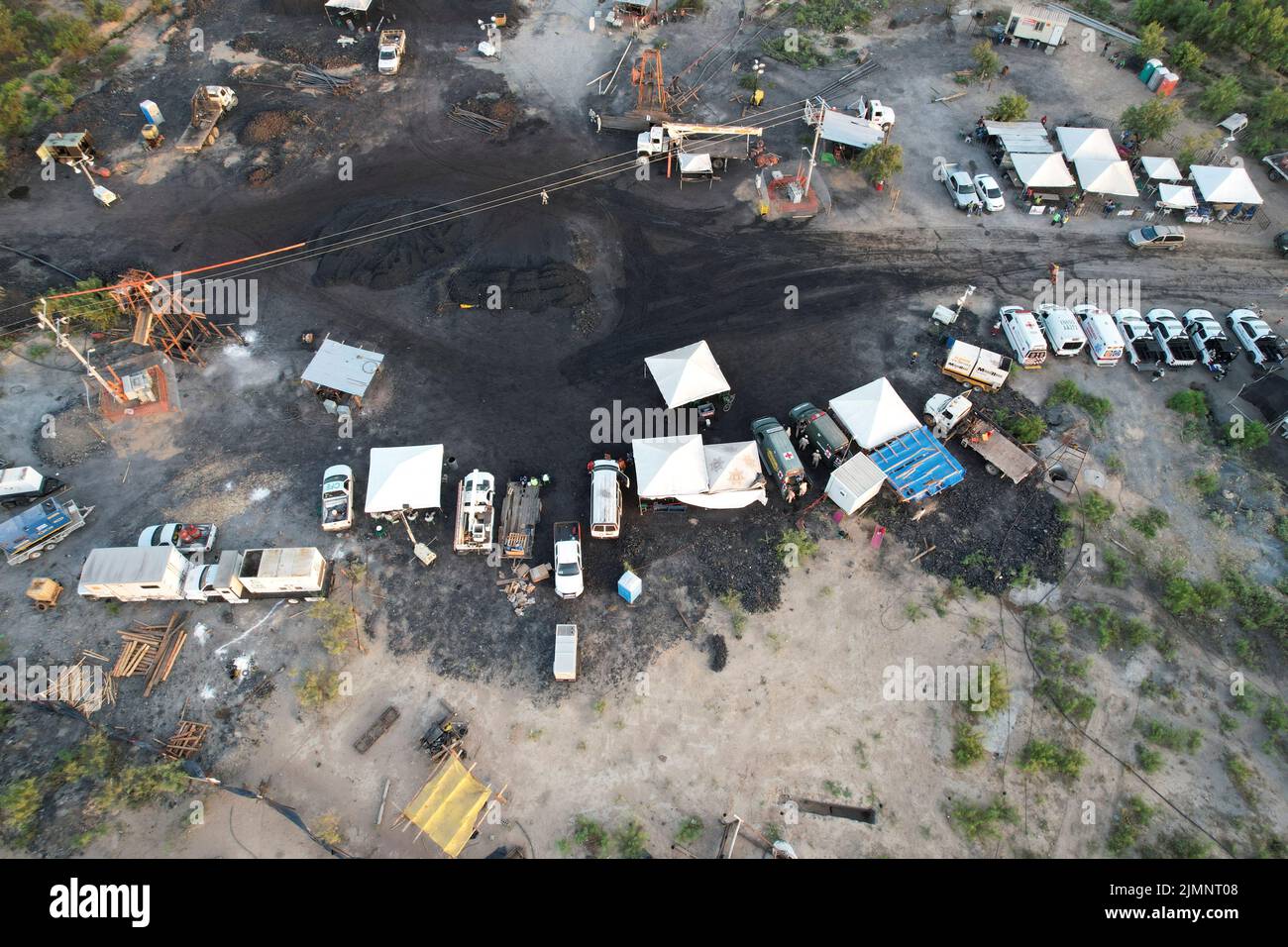 General view shows the mine shaft of a coal mine that collapsed leaving miners trapped, in Sabinas, Coahuila state, Mexico, August 7,  2022. REUTERS/Luis Cortes Stock Photo