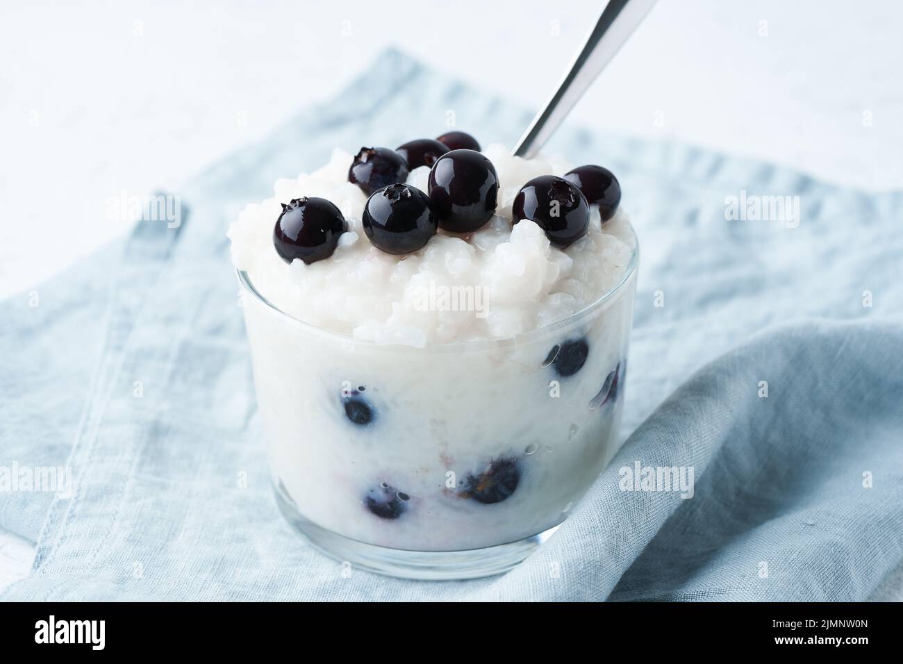 Vegan Coconut Rice Pudding with blueberry, gluten free dessert, side view. Stock Photo