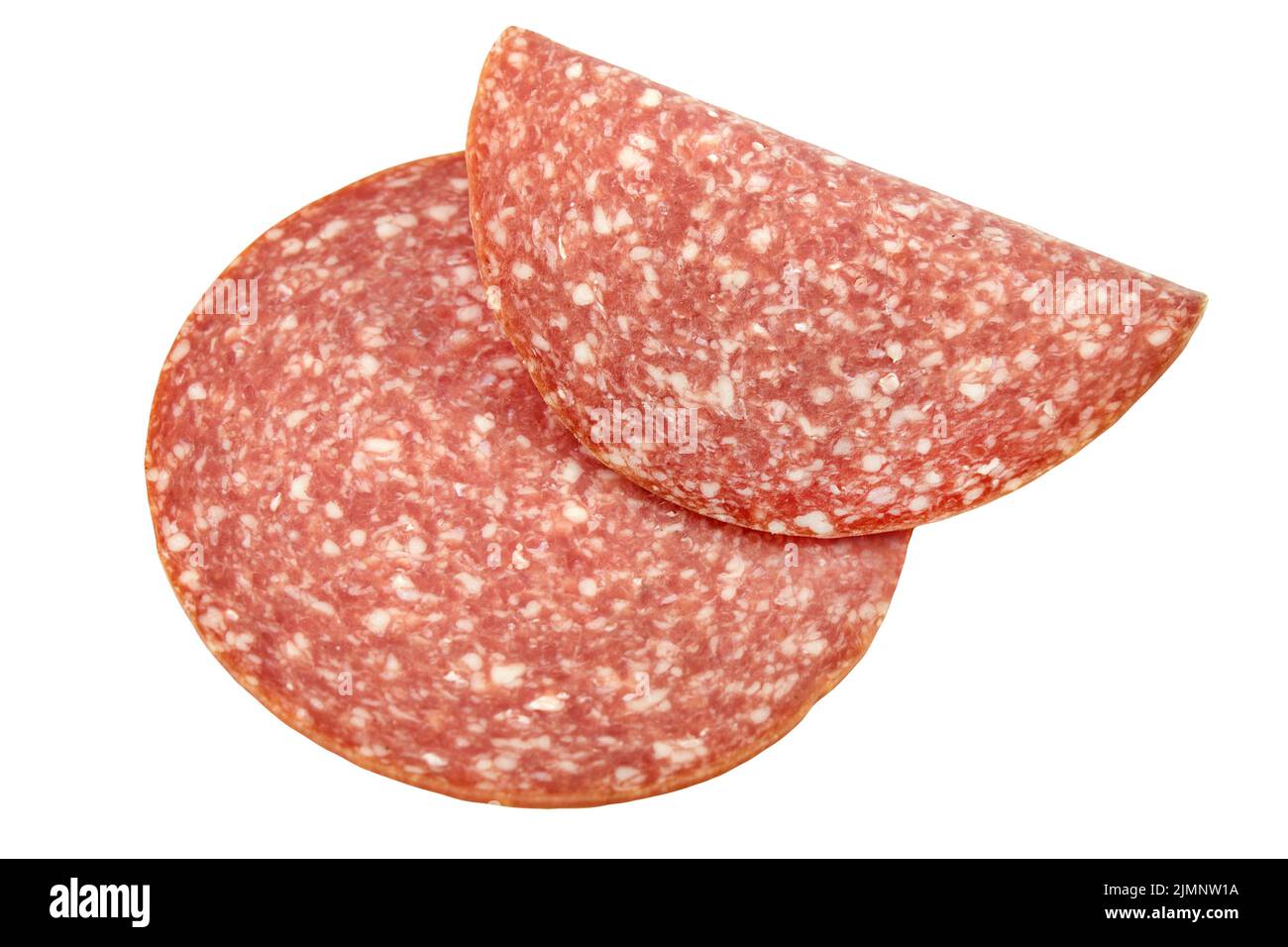 2 slices of Cervelat sausage cold cut isolated on against background Stock Photo