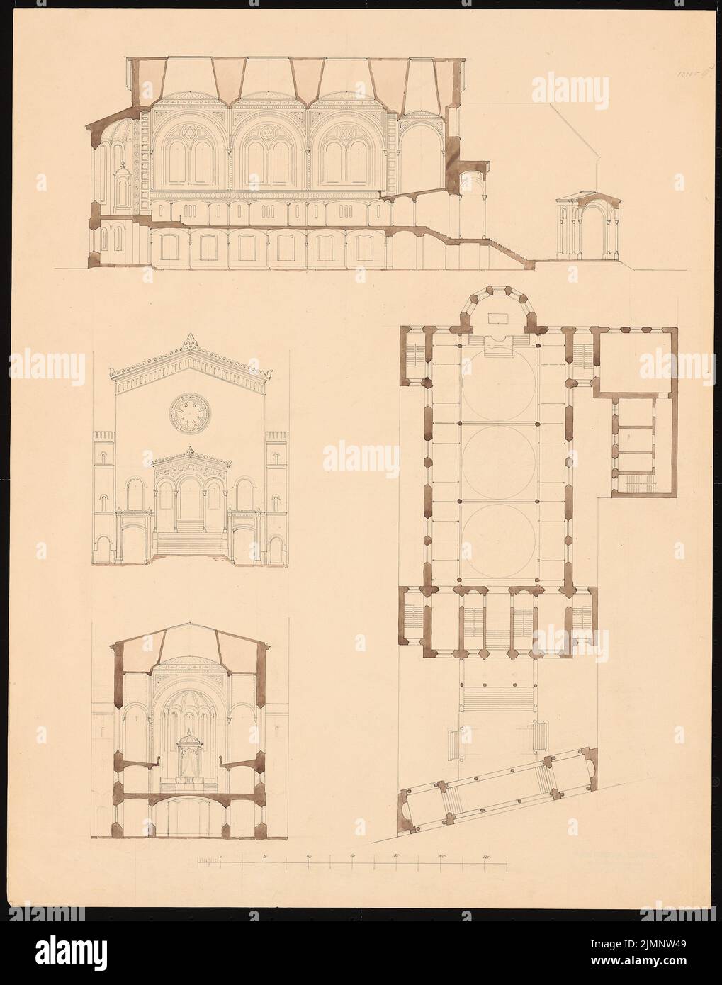 Knoblauch Eduard (1801-1865), new synagogue, Berlin. Preliminary studies (approx. 1856?): View floor plan, cuts. Tusche watercolor, 55.3 x 43.4 cm (including scan edges) Knoblauch Eduard  (1801-1865): Neue Synagoge, Berlin. Vorstudien Stock Photo