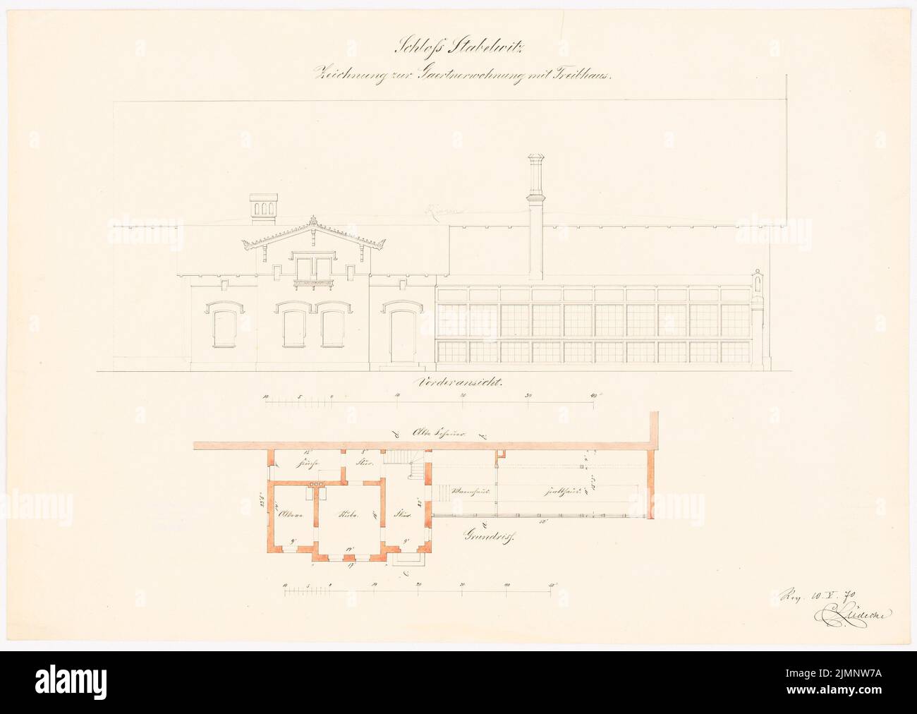 Lüdecke Carl Johann Bogislaw (1826-1894), Castle in Stabelwitz. Greenhouse with gardener apartment - 2nd draft (May 10, 1870): floor plan, ancestry front view, 2 scale strips. Tusche watercolor on the box, supplemented with pencil, 38.8 x 54.7 cm (including scan edges) Lüdecke Carl Johann Bogislaw  (1826-1894): Schloss Stabelwitz. Treibhaus mit Gärtnerwohnung - 2. Entwurf Stock Photo