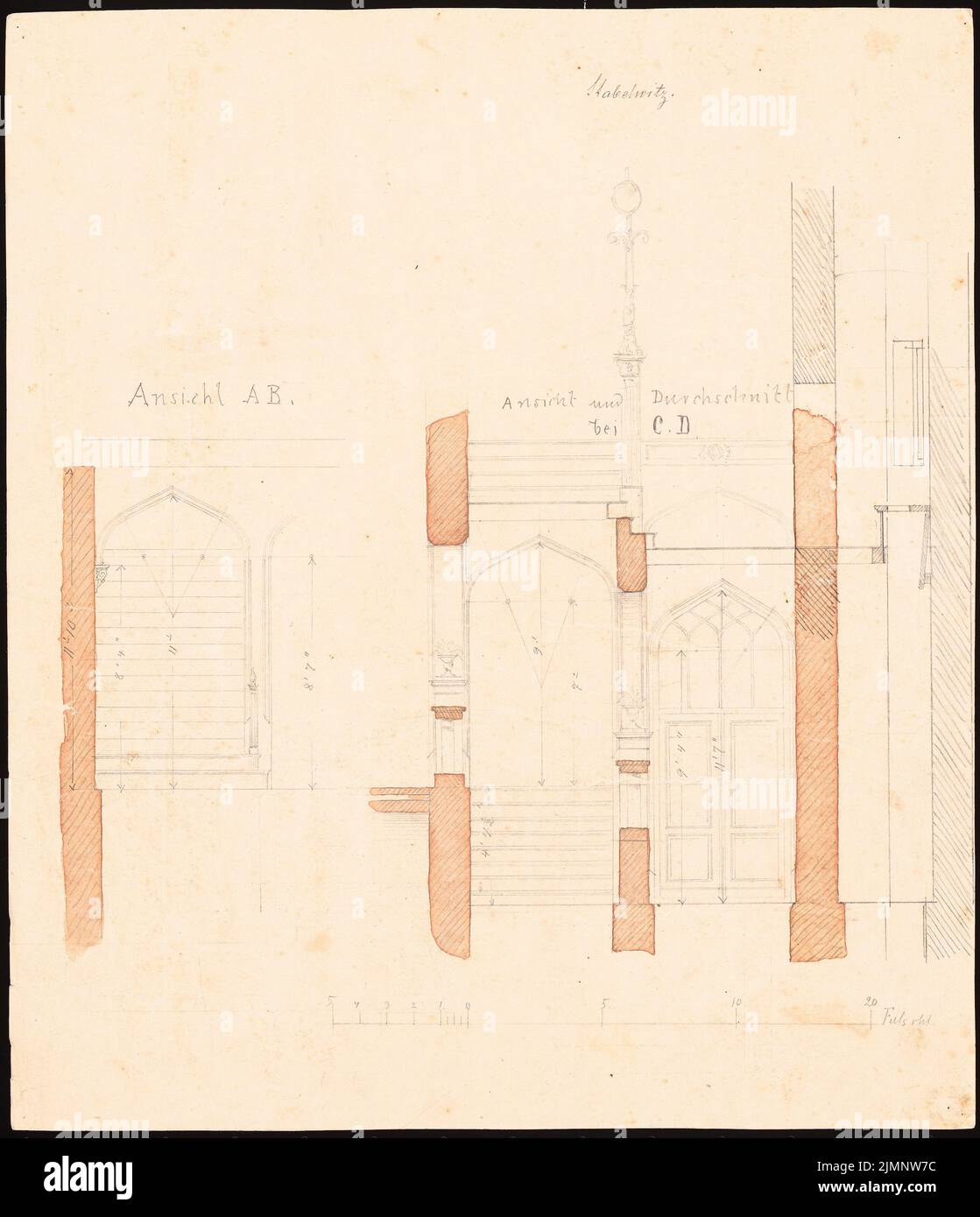 Lüdecke Carl Johann Bogislaw (1826-1894), Castle in Stabelwitz. Expansion (1870): Riss A - B, Upper C - D, cut stairs with door, scale strip (foot Rhl.). Back: Sketches with pencil. Pencil watercolor on the box, 39.6 x 34.1 cm (including scan edges) Lüdecke Carl Johann Bogislaw  (1826-1894): Schloss Stabelwitz. Erweiterung Stock Photo