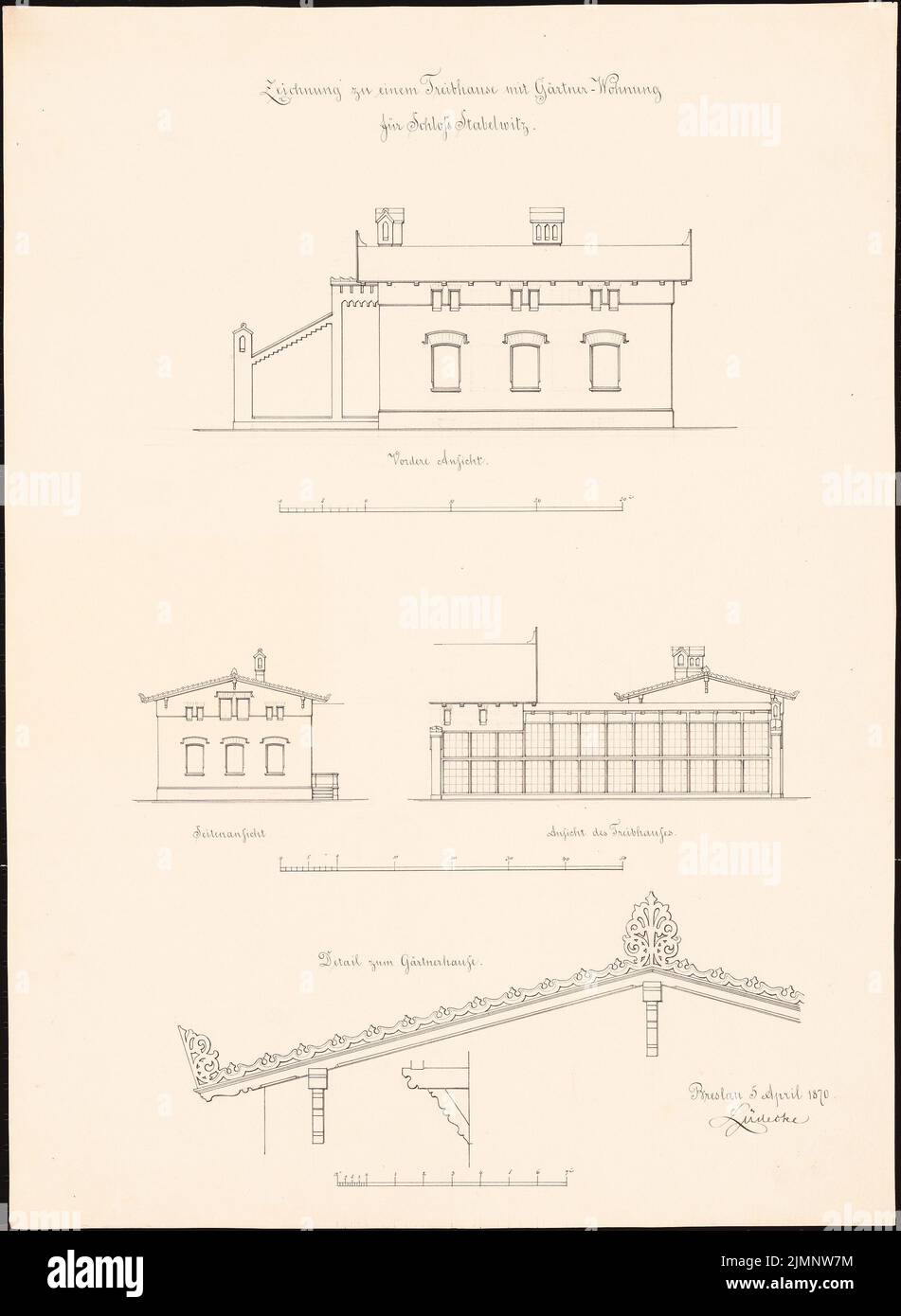Lüdecke Carl Johann Bogislaw (1826-1894), Castle in Stabelwitz. Greenhouse with gardener apartment - 1st draft (05.04.1870): 3 tort: front view, side view, view of the greenhouse, detail gable of the gardener house, 3 scale strips. Ink and pencil on cardboard, 56.2 x 41.1 cm (including scan edges) Lüdecke Carl Johann Bogislaw  (1826-1894): Schloss Stabelwitz. Treibhaus mit Gärtnerwohnung - 1. Entwurf Stock Photo