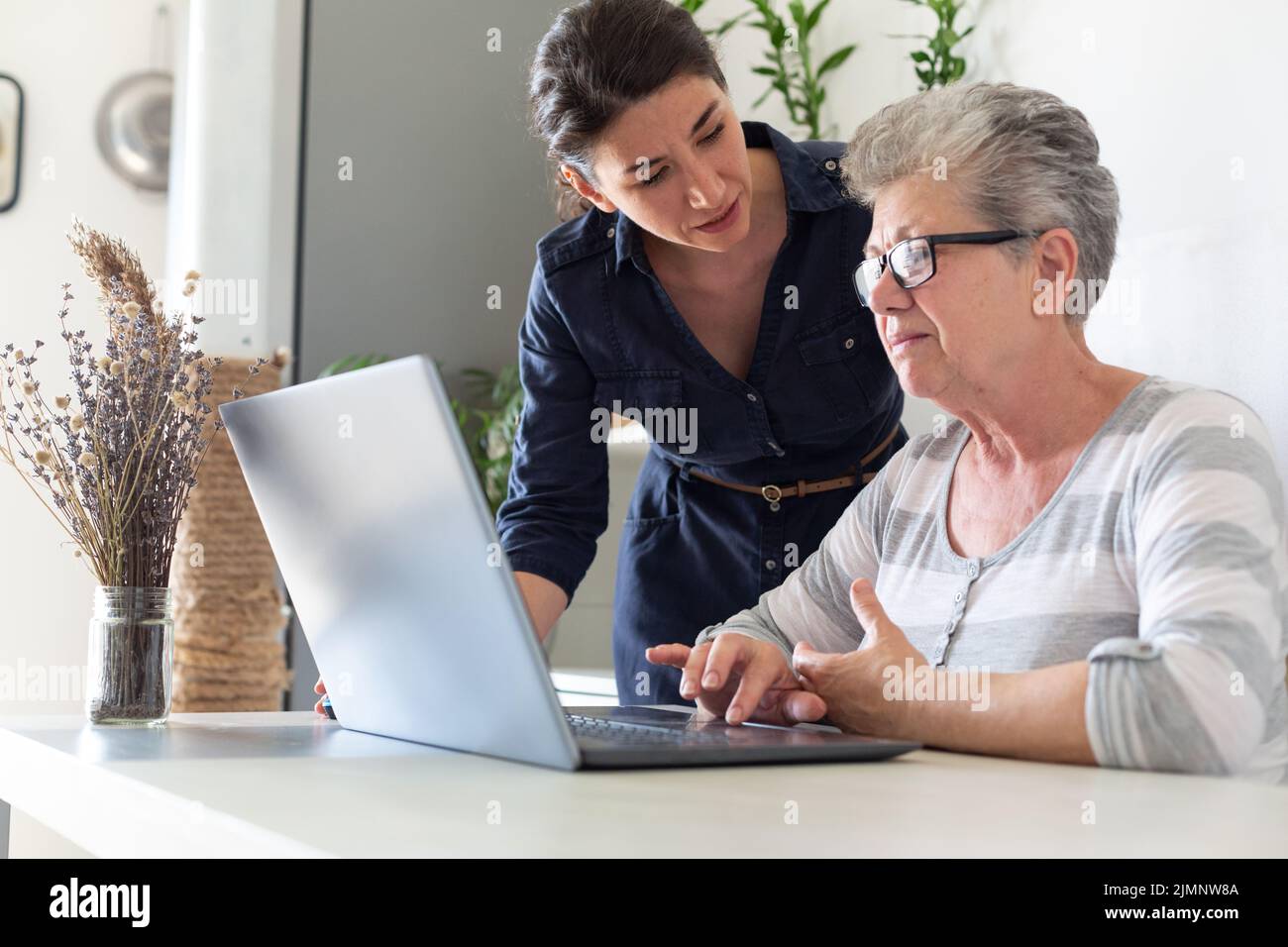 Senior women learning to use computer at home helped by a young women ...