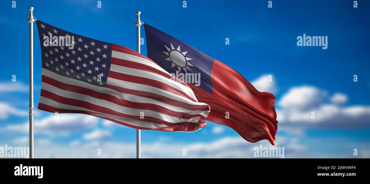 Taiwan and USA relation. Flags waving with the wind, cloudy blue sky ...