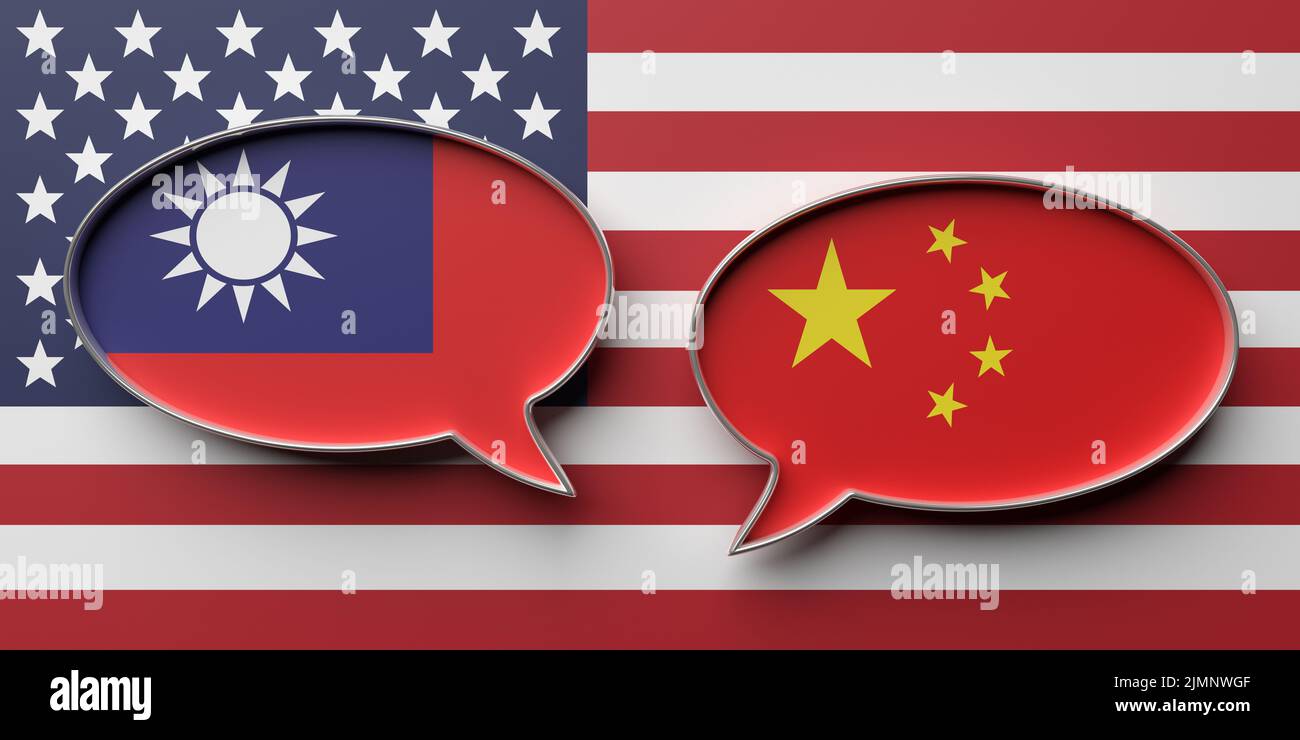 Taiwan and China communication, USA flag background. Dialogue bubbles with national flags. 3d render Stock Photo