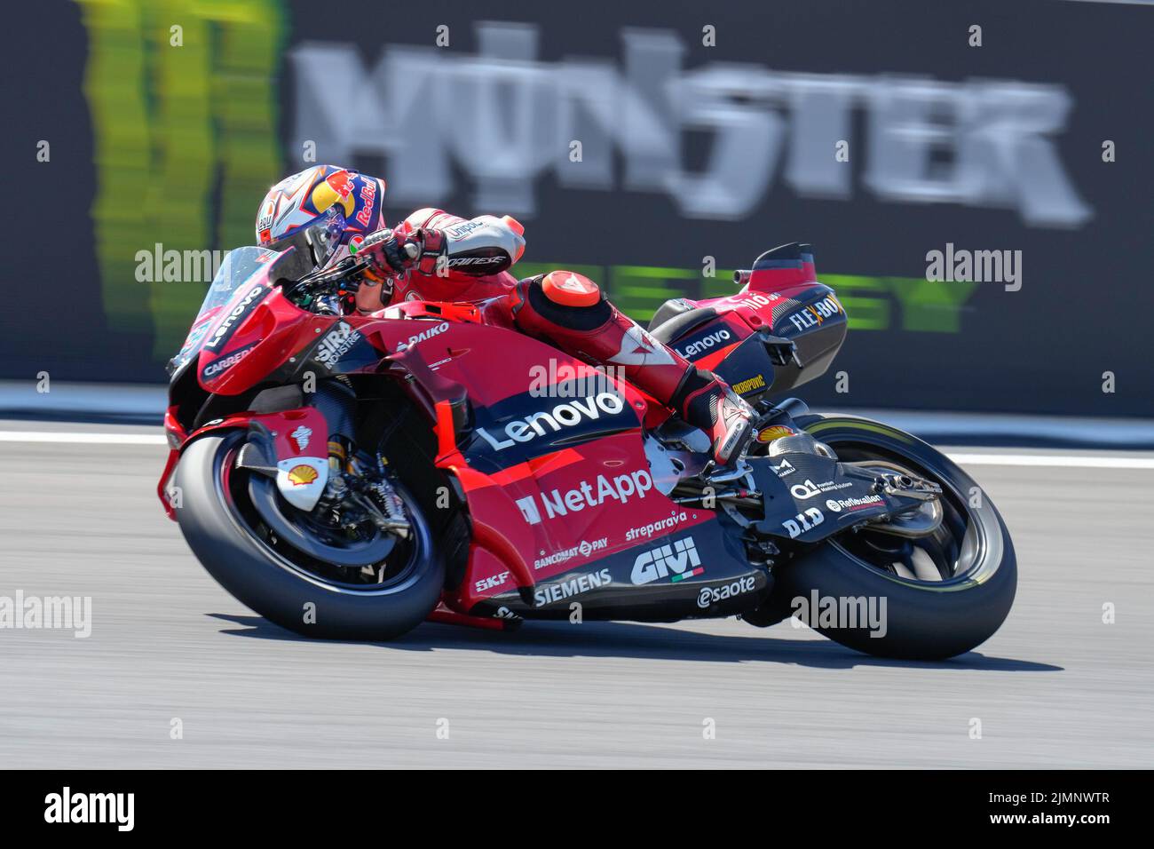 Towcester, UK. 07th Aug, 2022. Jack MILLER (Australia) of the Ducati Lenova Team on his way to finishing third during the 2022 Monster Energy Grand Prix MotoGP Warm Up at Silverstone Circuit, Towcester, England on the 7th August 2022. Photo by David Horn. Credit: PRiME Media Images/Alamy Live News Stock Photo