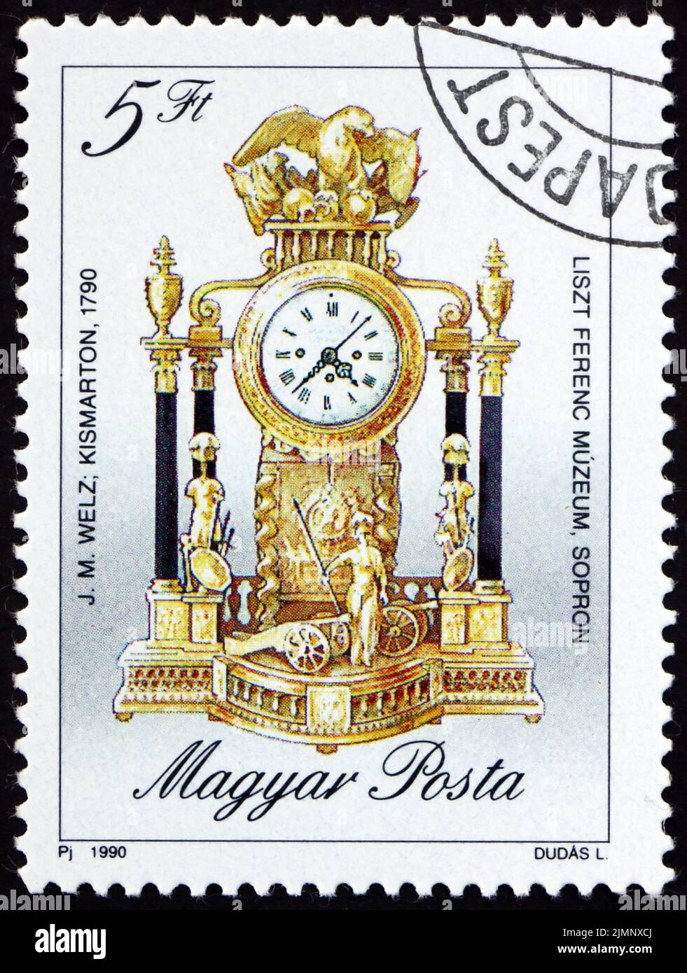 HUNGARY - CIRCA 1990: a stamp printed in Hungary shows mantel clock, 1790, antique clock, circa 1990 Stock Photo