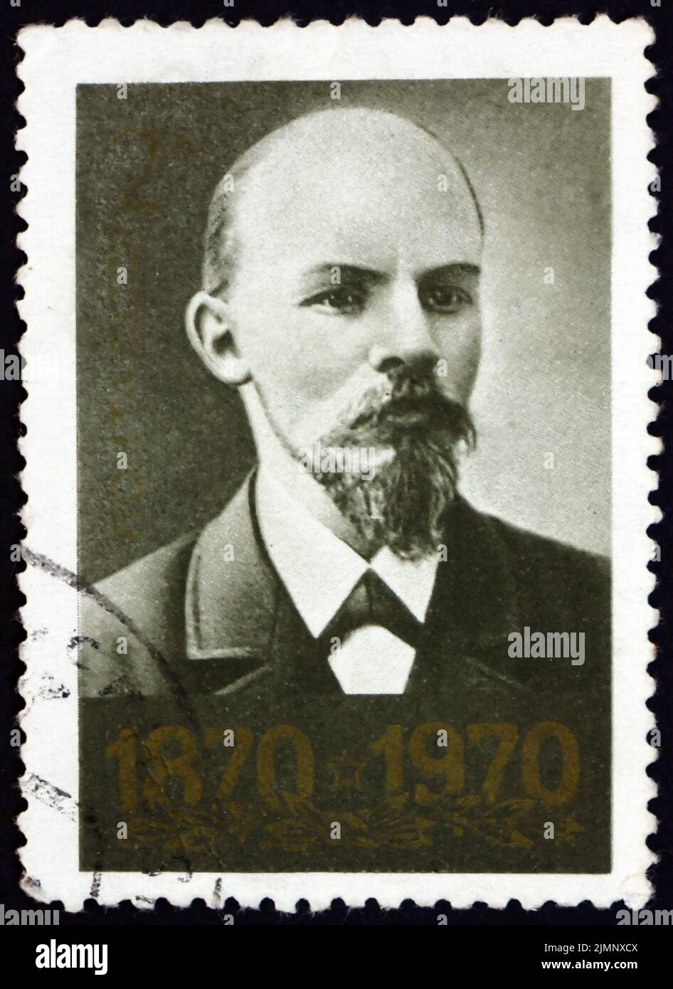 RUSSIA - CIRCA 1970: a stamp printed in Russia shows portrait of Vladimir Ilyich Lenin, photo by Yu. Mebius, 1900, anniversary of the birth of V. I. L Stock Photo