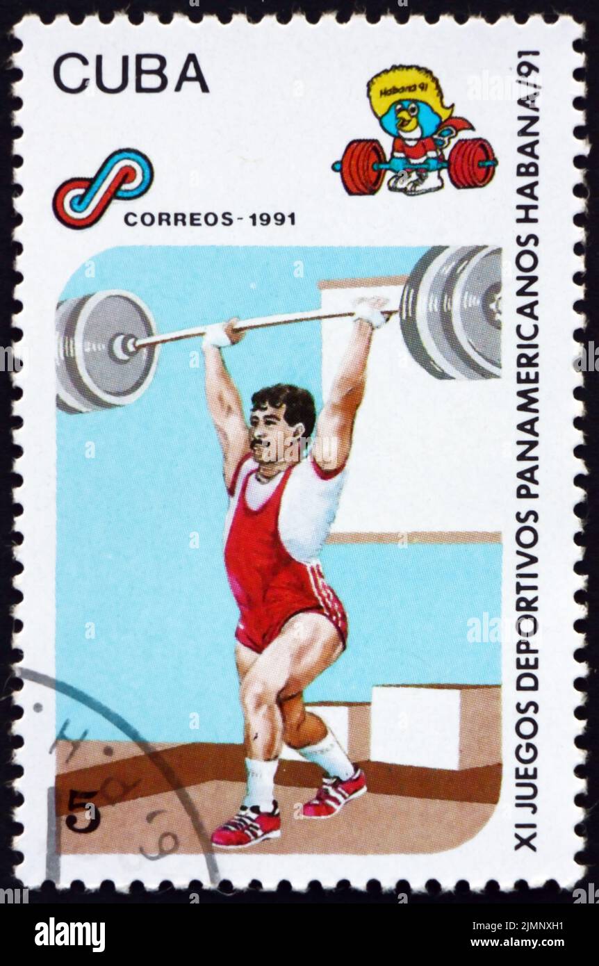CUBA - CIRCA 1991: a stamp printed in Cuba shows weight lifting, 11th Pan American Games, Havana, circa 1991 Stock Photo