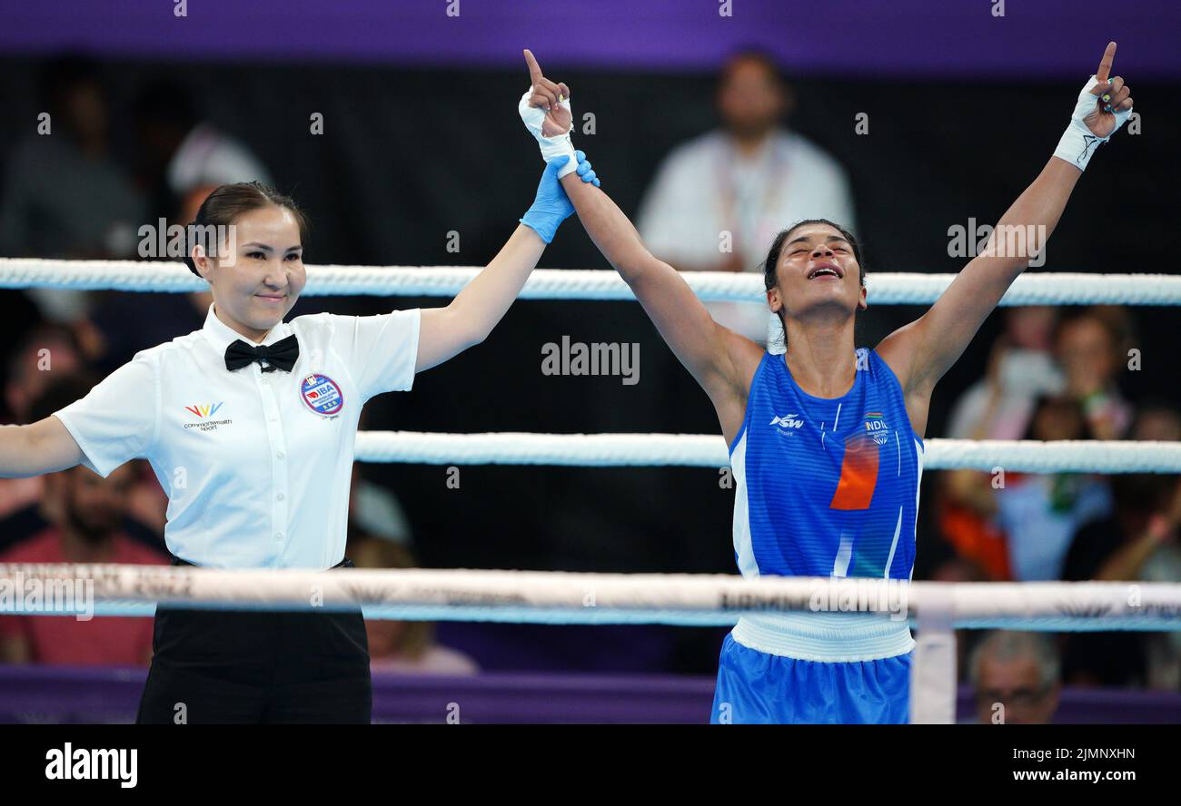 India's Zareen Nikhat celebrates her win over Northern Ireland's Carley Mcnaul in the Women's Light Fly (48-50kg) Final at The NEC on day ten of the 2022 Commonwealth Games in Birmingham. Picture date: Sunday August 7, 2022. Stock Photo