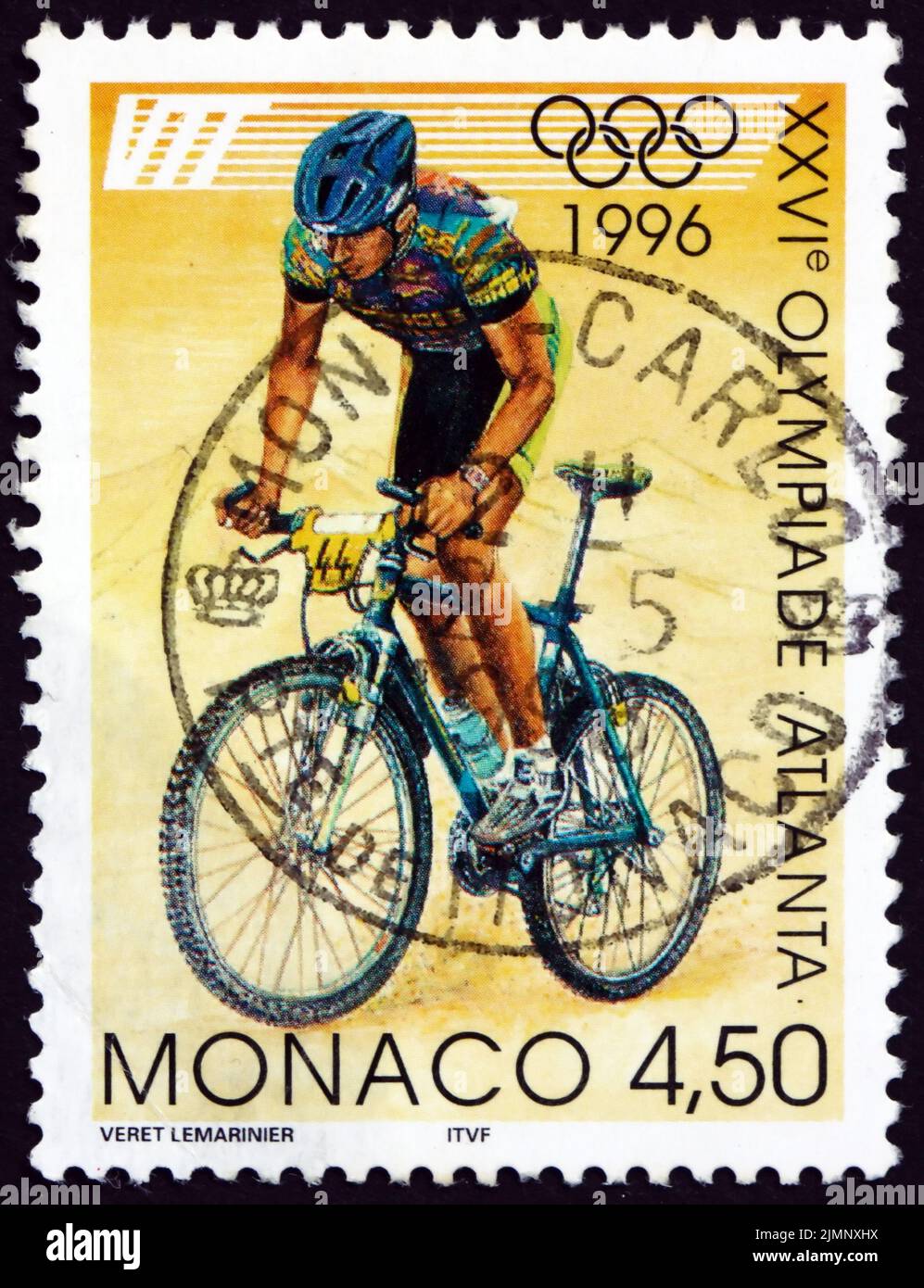 MONACO - CIRCA 1996 a stamp printed in Monaco shows Cycling, Olympic Sport, 1996 Summer Olympic Games, Atlanta, circa 1996 Stock Photo
