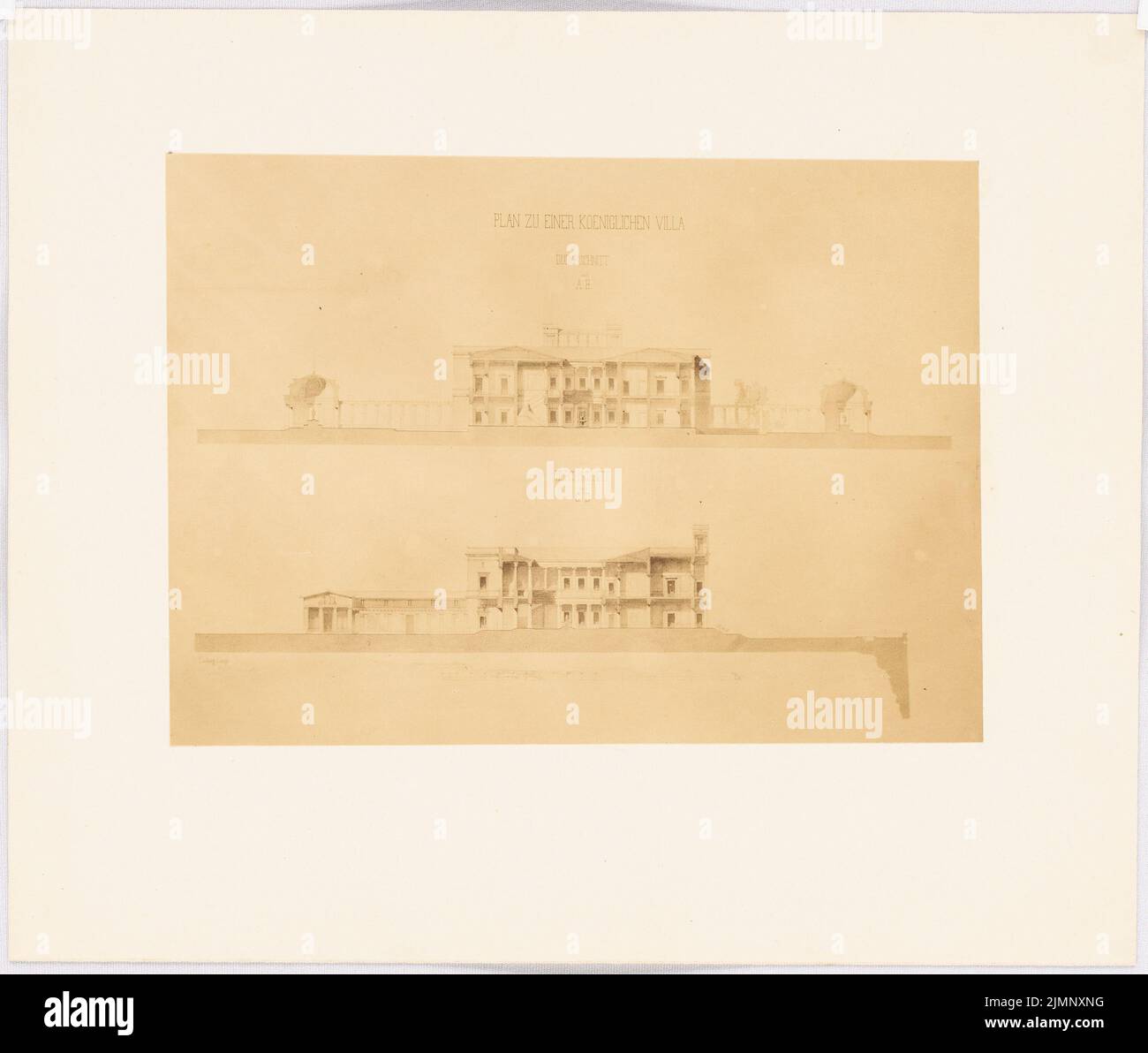 Lange Ludwig (1808-1868), royal villa (without dat.): Longitudinal section, cross-section. Photo on paper, 26 x 30.6 cm (including scan edges) Lange Ludwig  (1808-1868): Königliche Villa Stock Photo