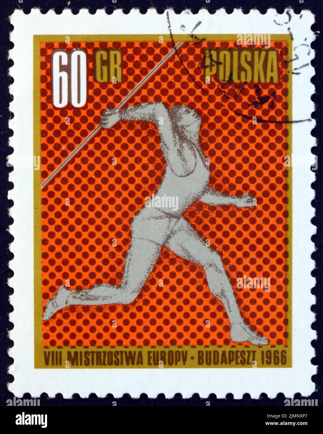 POLAND - CIRCA 1966: a stamp printed in Poland shows Javelin, Sport, European Athletic Championships, Budapest, circa 1966 Stock Photo