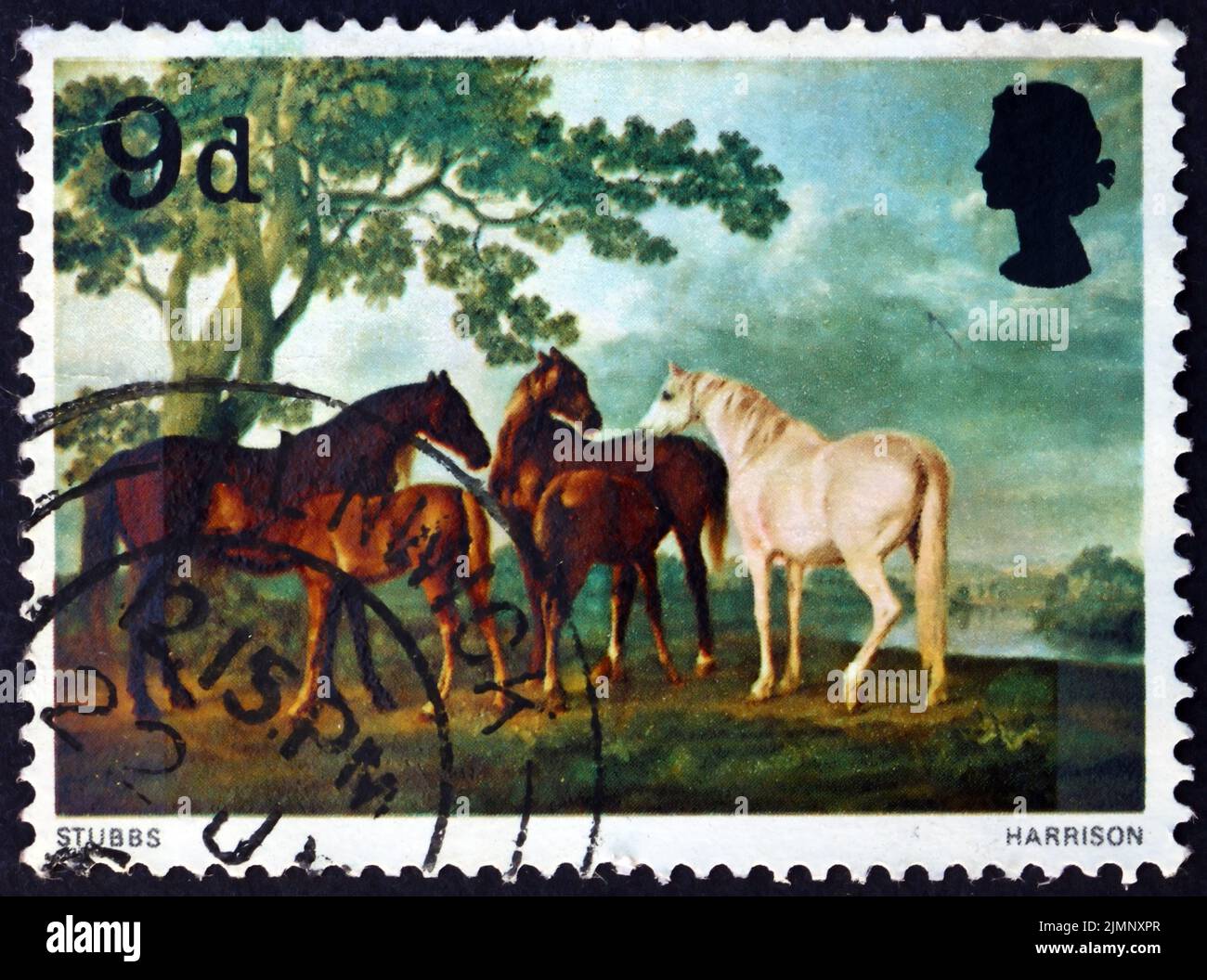 GREAT BRITAIN – CIRCA 1967: a stamp printed in Great Britain shows mares and foals, painting by George Stubbs, English painter, circa 1967 Stock Photo