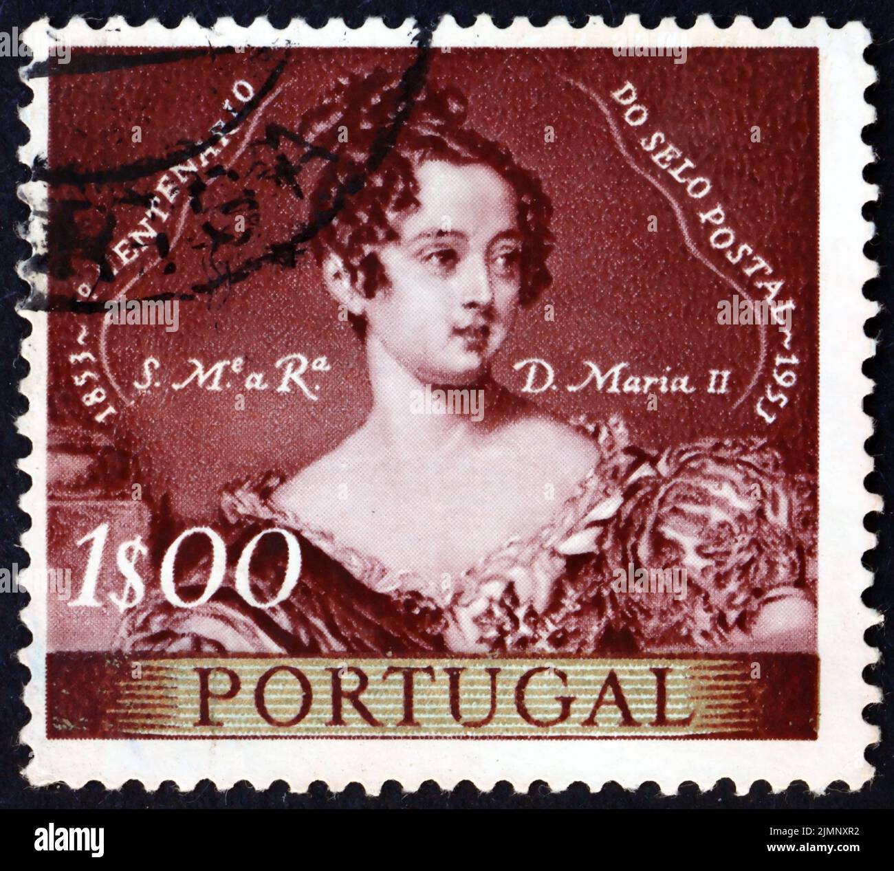 PORTUGAL - CIRCA 1953: a stamp printed in Portugal shows Queen Maria II, Queen of Portugal from 1826 to 1828, and again from 1834 to 1853, circa 1953 Stock Photo