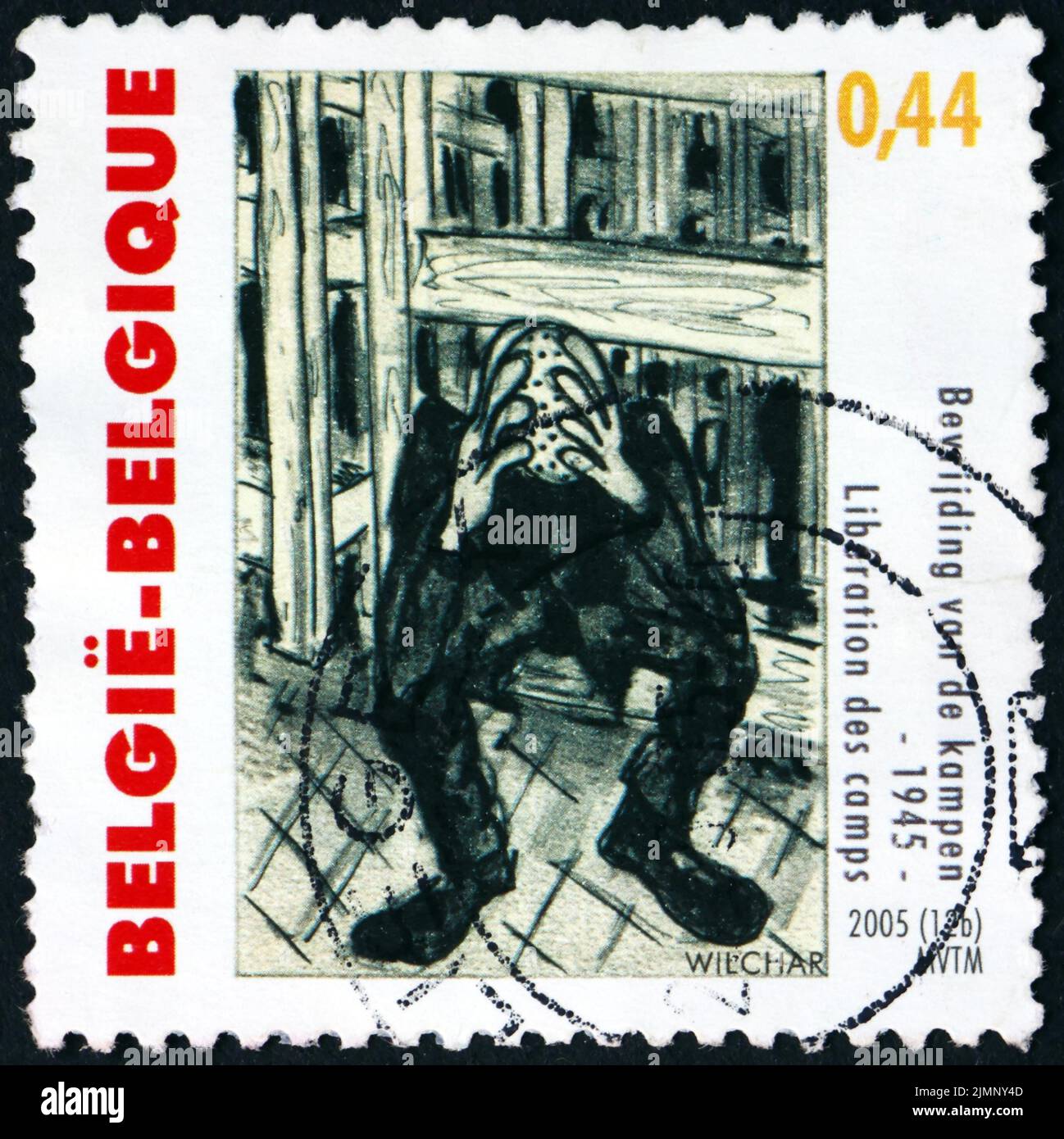 BELGIUM - CIRCA 2005: a stamp printed in Belgium shows drawing of concentration camp internee, by Wilchar, end of World War II, 60th anniversary, circ Stock Photo