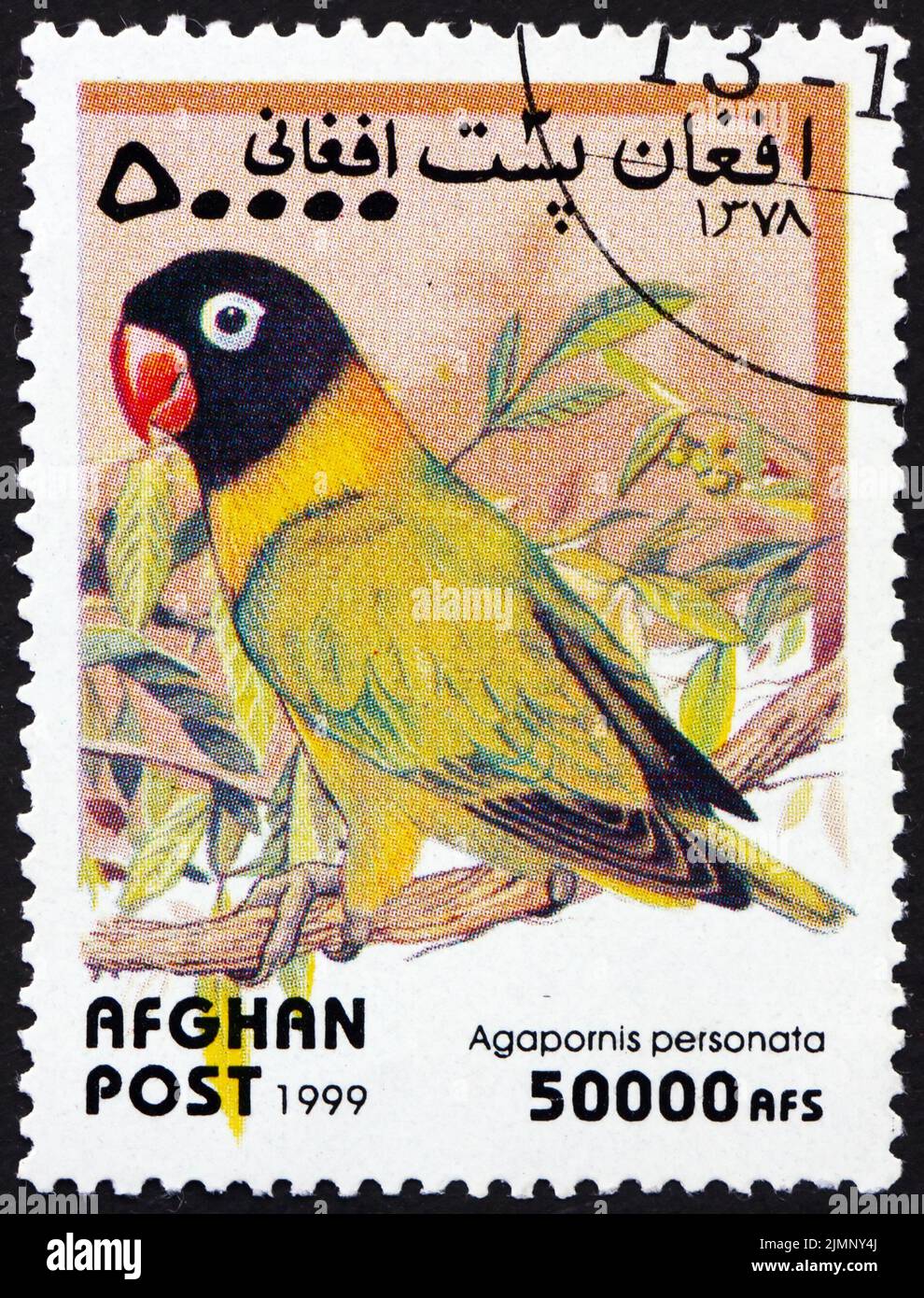 AFGHANISTAN - CIRCA 1999: a stamp printed in Afghanistan shows masked lovebird, agapornis personatus, is a species of bird of the lovebird genus in th Stock Photo