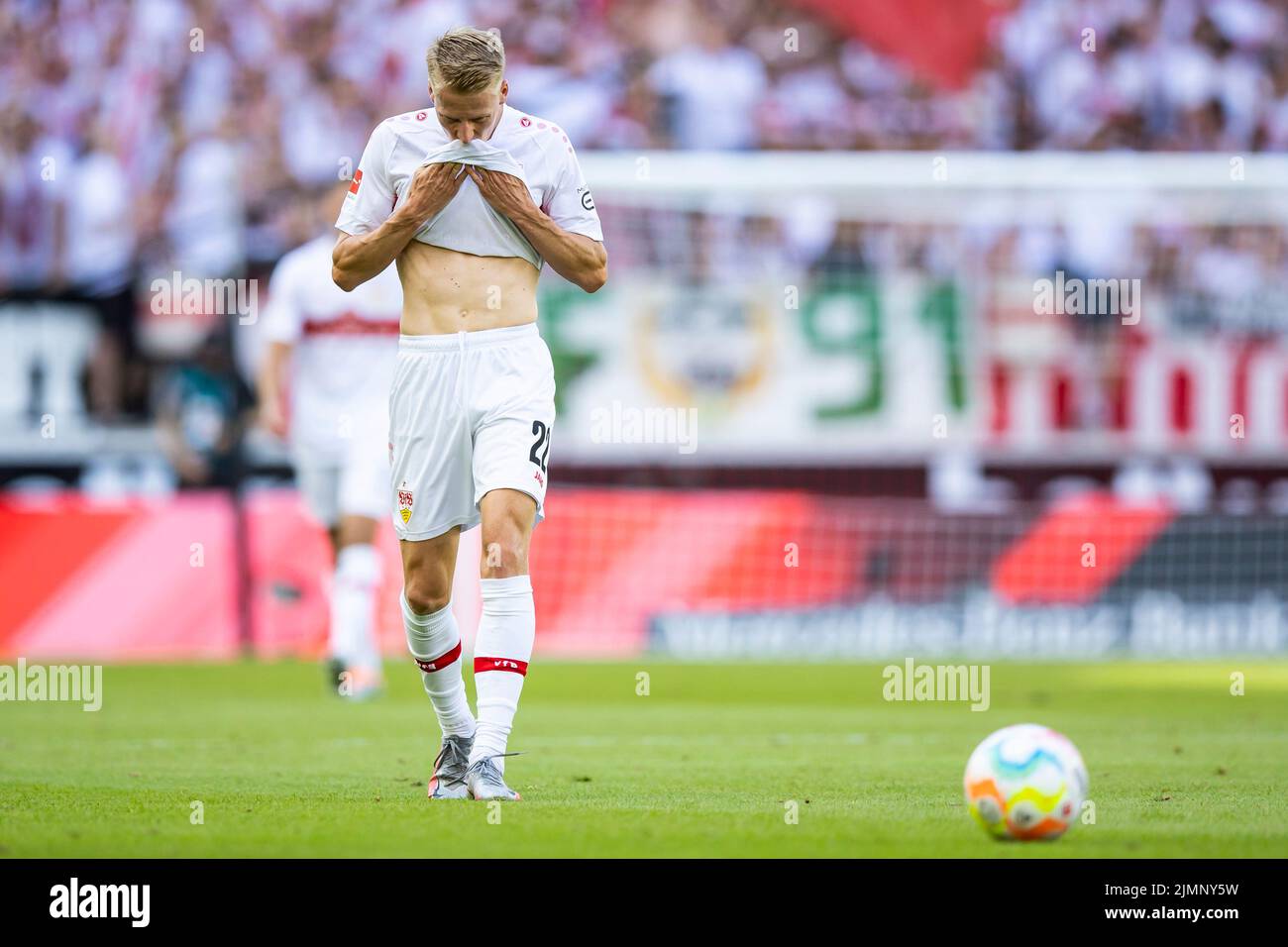 Stuttgart, Germany. 07th Aug, 2022. Soccer: Bundesliga, VfB Stuttgart - RB Leipzig, Matchday 1, Mercedes-Benz Arena. Stuttgart's Chris Führich reacts in the match. Credit: Tom Weller/dpa - IMPORTANT NOTE: In accordance with the requirements of the DFL Deutsche Fußball Liga and the DFB Deutscher Fußball-Bund, it is prohibited to use or have used photographs taken in the stadium and/or of the match in the form of sequence pictures and/or video-like photo series./dpa/Alamy Live News Stock Photo