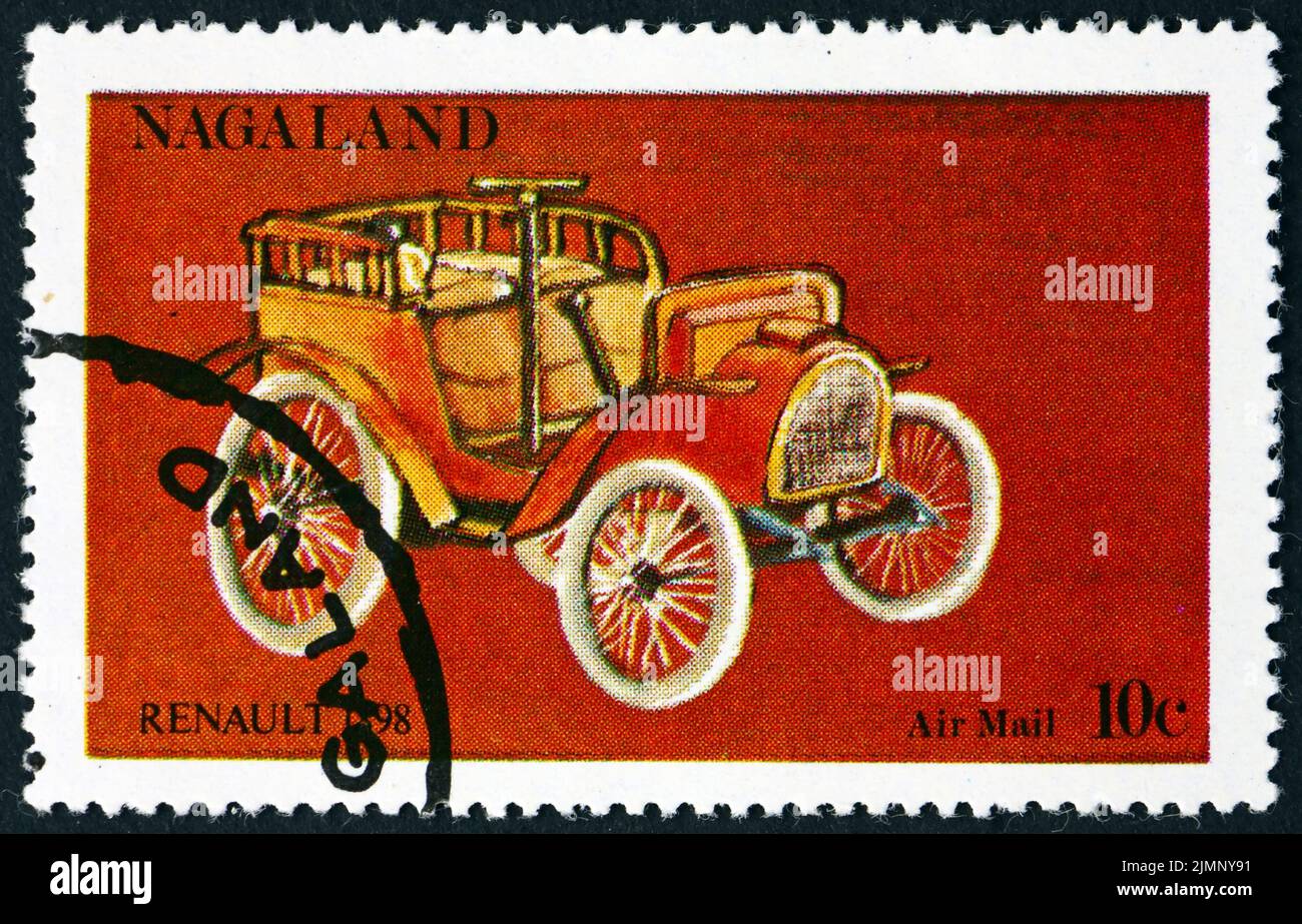 NAGALAND (INDIA) - CIRCA 1972: a stamp printed in Nagaland shows Renault 1898, French vintage car, circa 1972 Stock Photo