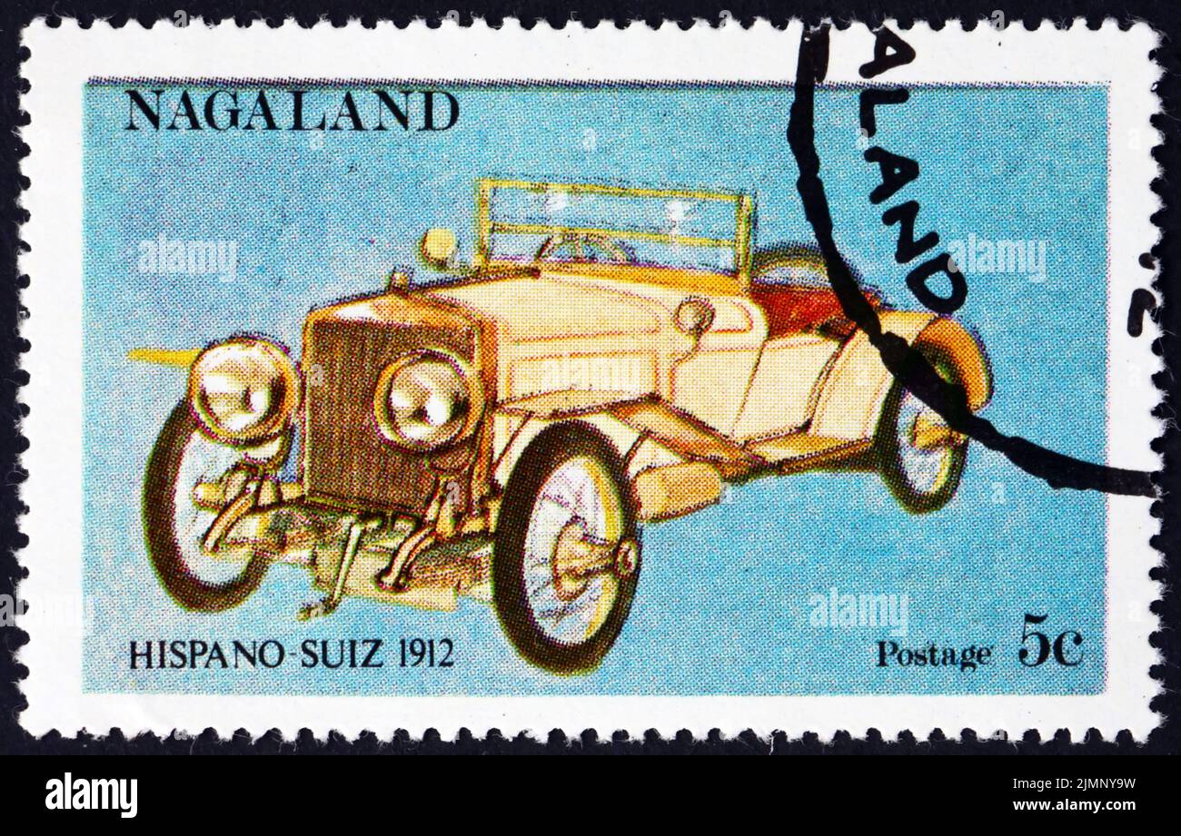 NAGALAND (INDIA) - CIRCA 1972: a stamp printed in Nagaland shows Hispano-suiza 1912, Spanish vintage car, circa 1972 Stock Photo