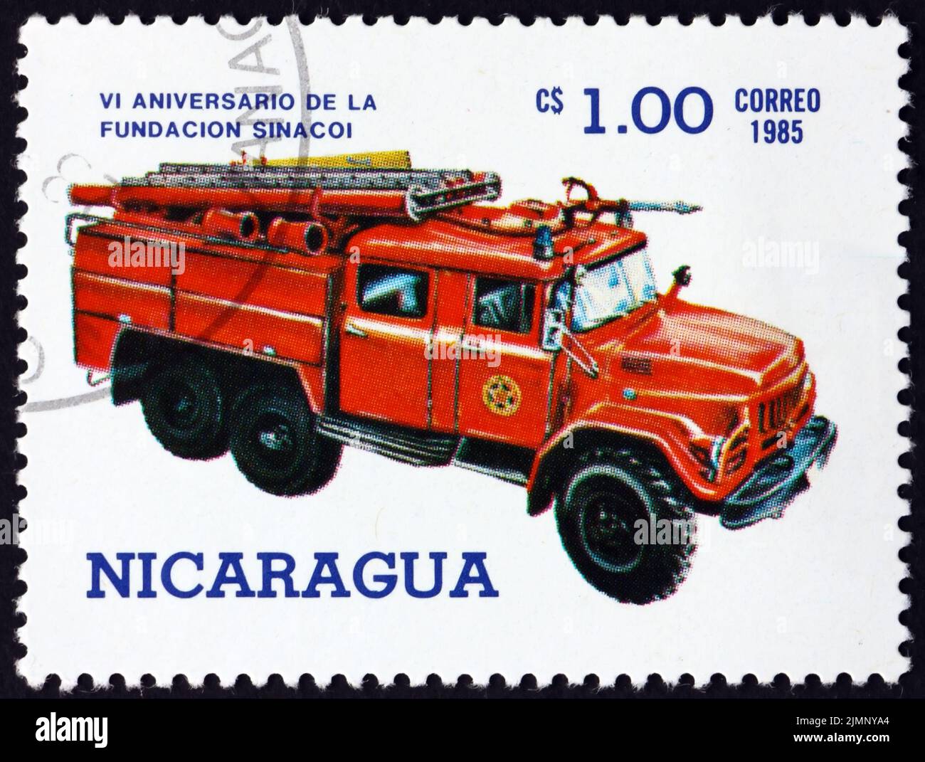NICARAGUA - CIRCA 1985: a stamp printed in Nicaragua shows fire truck, National Fire Brigade, 6th anniversary, circa 1985 Stock Photo