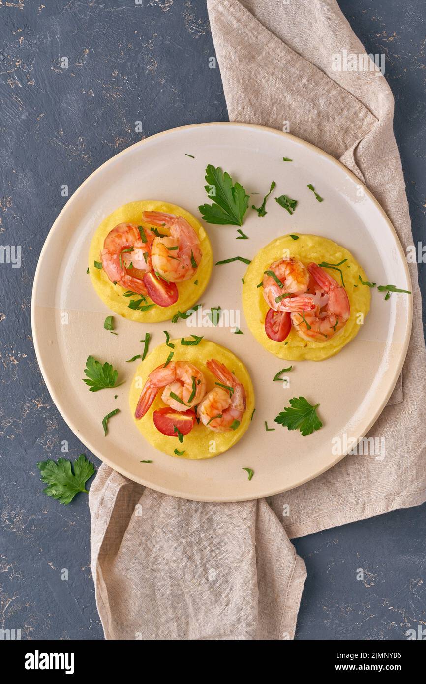 Shrimp Polenta fodmap dash diet gluten free dish, top view closeup