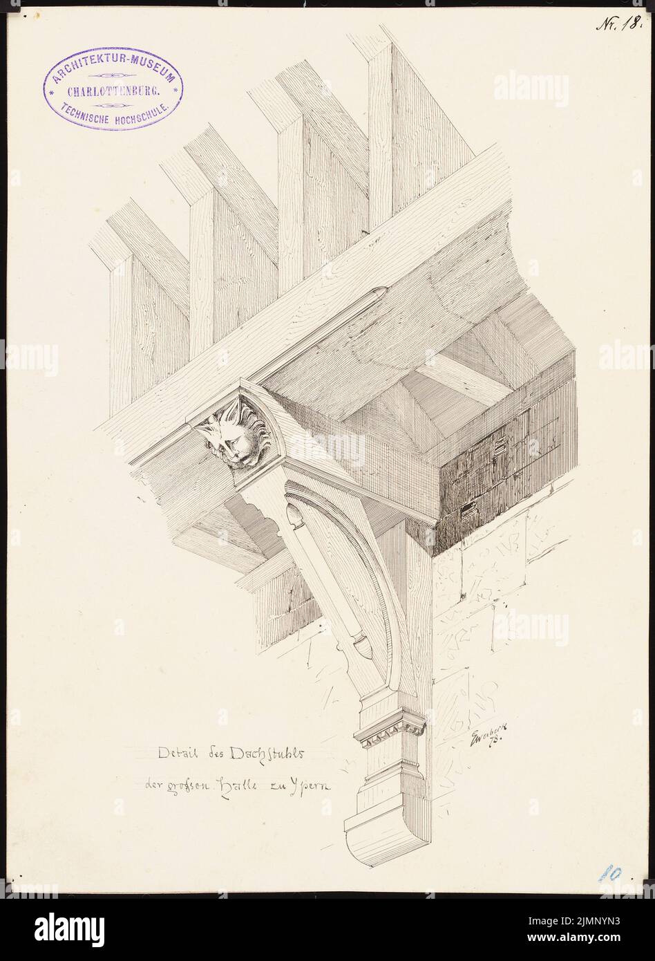 Ewerbeck, Franz (1839-1889), Details from the roof structure of the Great Hall in Ypres (1878): Detail. Ink on cardboard, 28.8 x 21 cm (including scan edges) Ewerbeck, Franz  (1839-1889): Details vom Dachstuhl der Großen Halle, Ypern Stock Photo