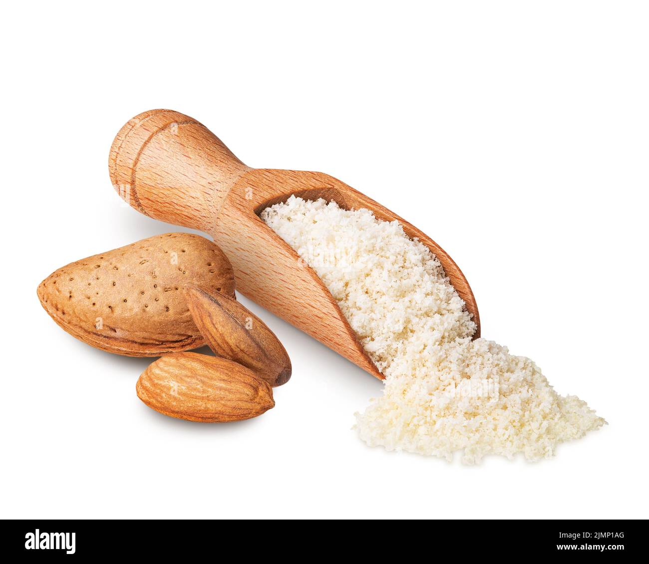 Wooden scoop full of almond flour isolated on white. Deep focus Stock Photo