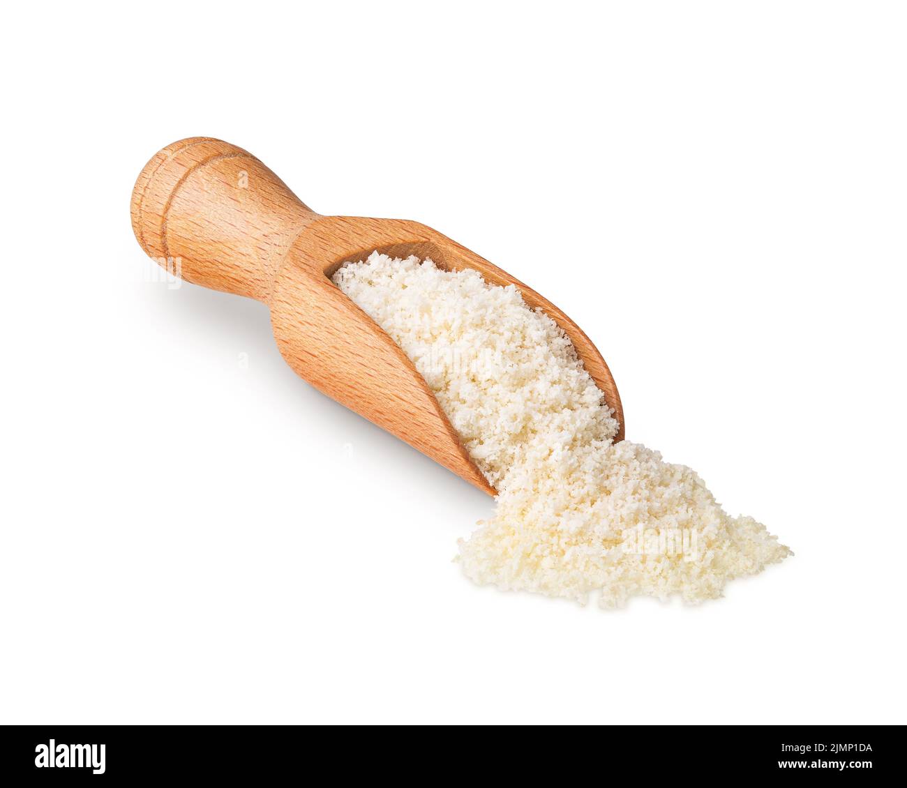 Wooden scoop full of almond flour isolated on white Stock Photo