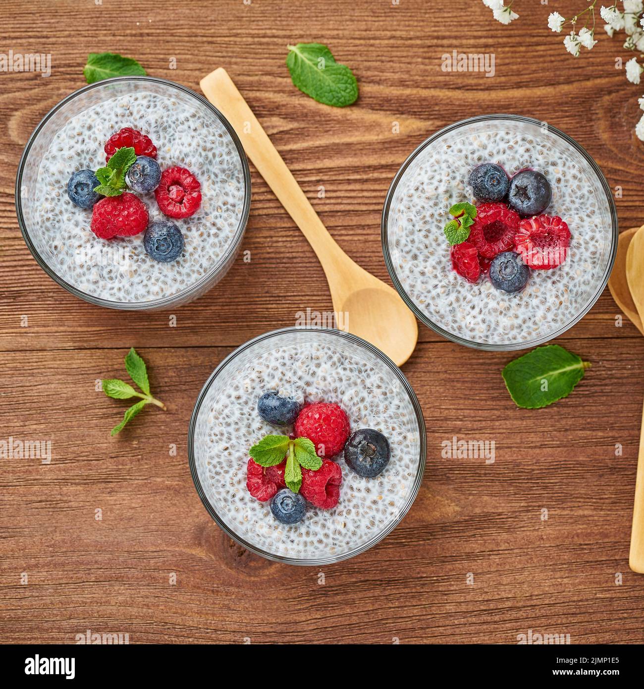 Banner with Chia pudding in bowl with fresh berries raspberries, blueberries. Stock Photo