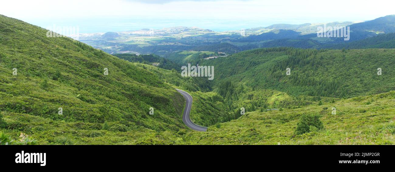 Agua de Pau Massif stratovolcano, view from the crest to Atlantic coast