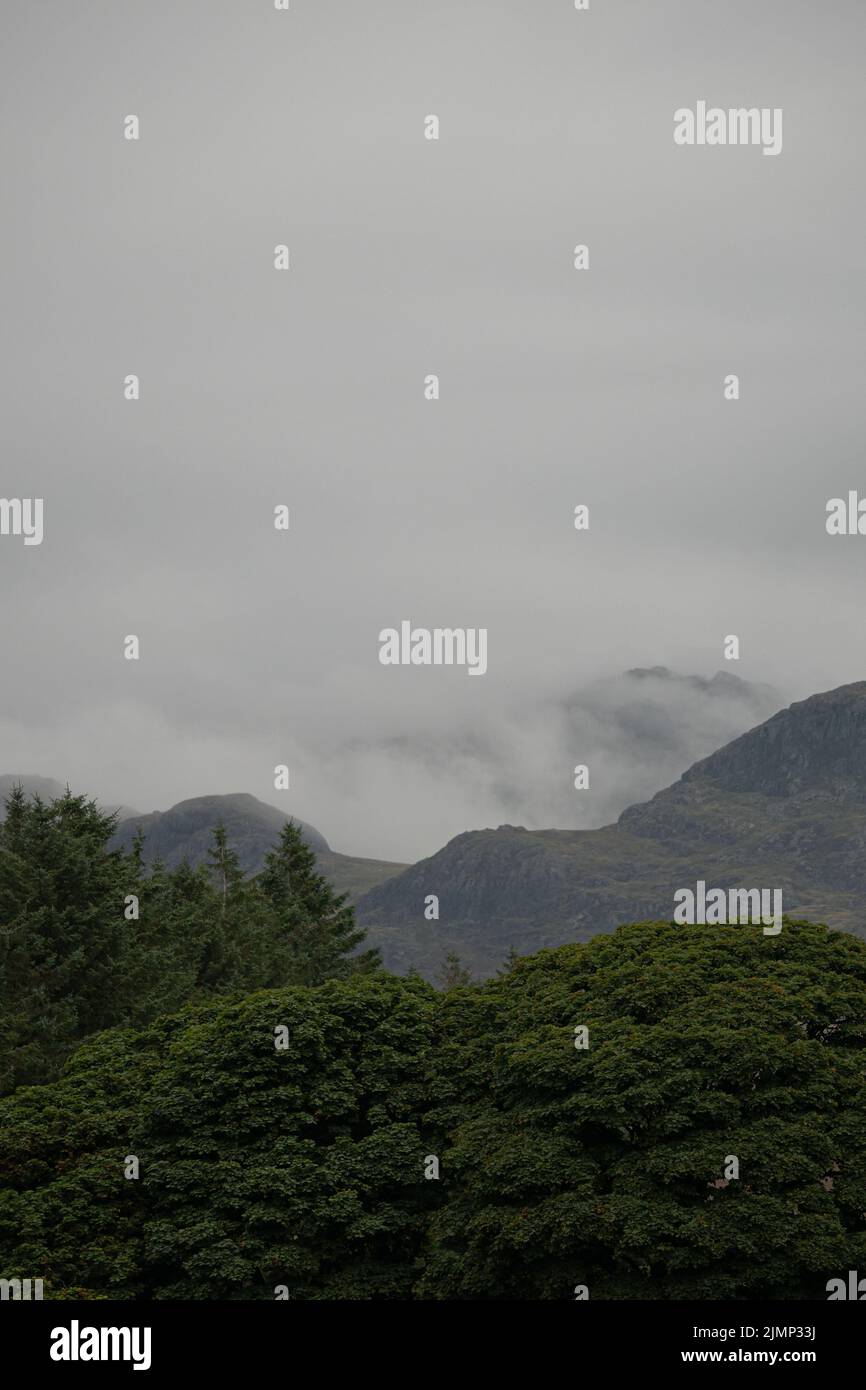 Dramatic clouds and trees over mountains in the Lake District Stock Photo