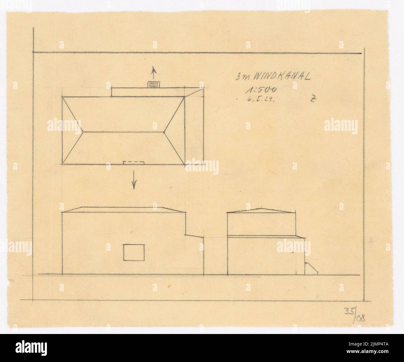 Poelzig Hans (1869-1936), German Aviation Institute for Aviation, Berlin-Britz (06.01.1929): 3 m wind tunnel: Views and floor plan 1: 500. Pencil on transparent, 16.5 x 19.9 cm (including scan edges) Poelzig Hans  (1869-1936): Deutsche Versuchsanstalt für Luftfahrt, Berlin-Britz Stock Photo