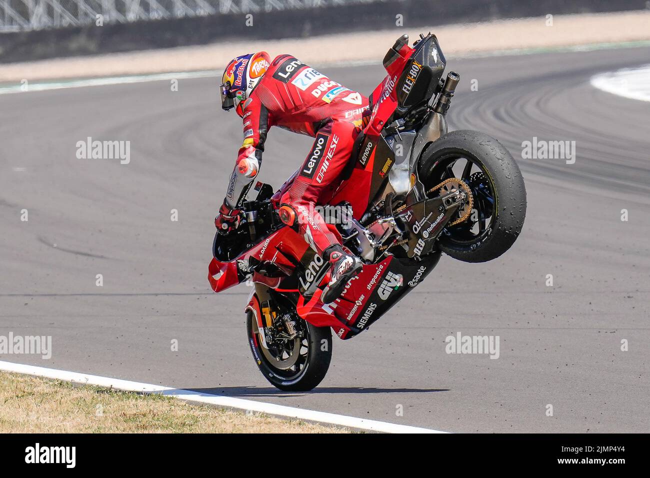 Towcester, UK. 07th Aug, 2022. Jack MILLER (Australia) of the Ducati Lenova Team celebrates after he finishes third in the 2022 Monster Energy Grand Prix MotoGP Warm Up at Silverstone Circuit, Towcester, England on the 7th August 2022. Photo by David Horn. Credit: PRiME Media Images/Alamy Live News Stock Photo